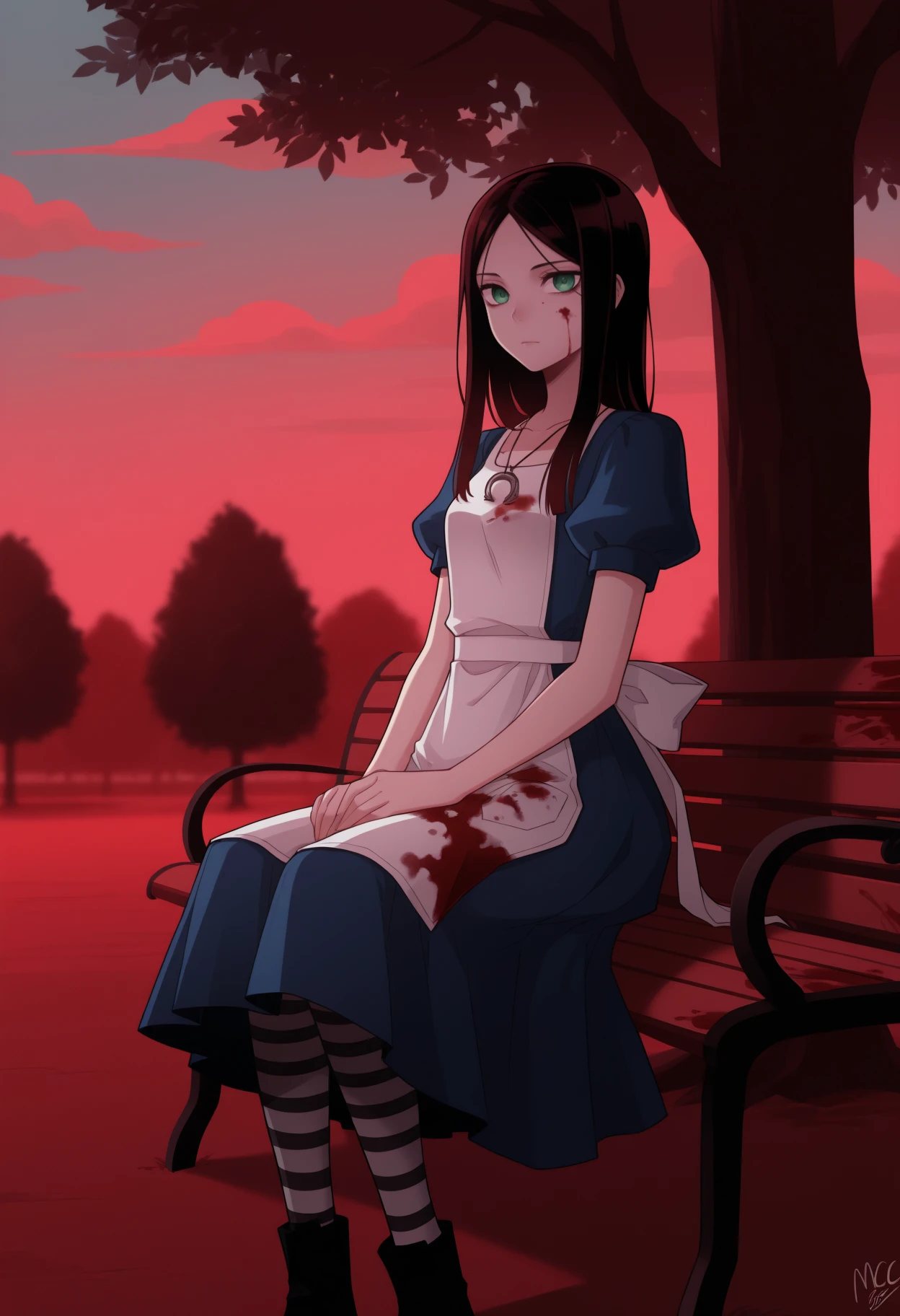 masterpiece, best quality, <break> red theme, solo, 1girl, mcgeealice, blood, blood on face, blood on clothes, expressionless, looking at viewer, sitting, park bench, hands on lap, blue dress, puffy short sleeves, white apron, striped pantyhose, necklace, outdoors, cloud, tree
<segment:yolo-Anzhc Face seg 640 v2 y8n.pt,0.4,0.5//cid=1>