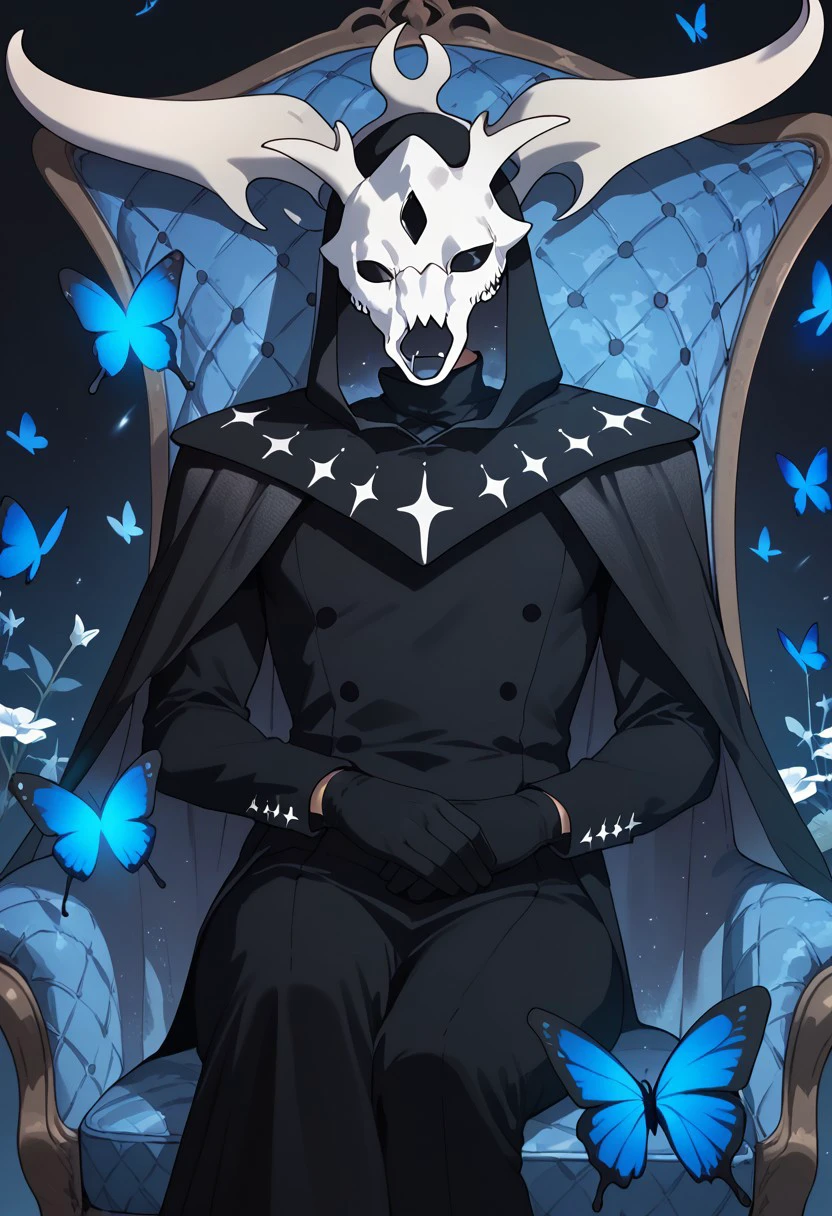 score_9, score_8_up, score_7_up, score_6_up,  Nebulagod, male, flowing black cape, cape collar starry designs, skeletal animal skull mask, curved horns, starry void within hood, black long sleeves, black gloves, black hood with horn crown, bug, butterfly, sitting, blue butterfly, chair, horns, cloak, mask, gloves, solo, cape