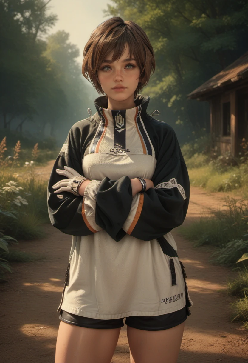 score_9, score_8_up, score_7_up,score_6_up, score_5_up,
lily, 1girl, solo, short hair, gloves, brown hair, looking at viewer, crossed arms, full body, outdoors, white gloves, long sleeves, shorts, freckles, jacket, lips
<lora:Lily_-_Stellar_Blade:0.6>