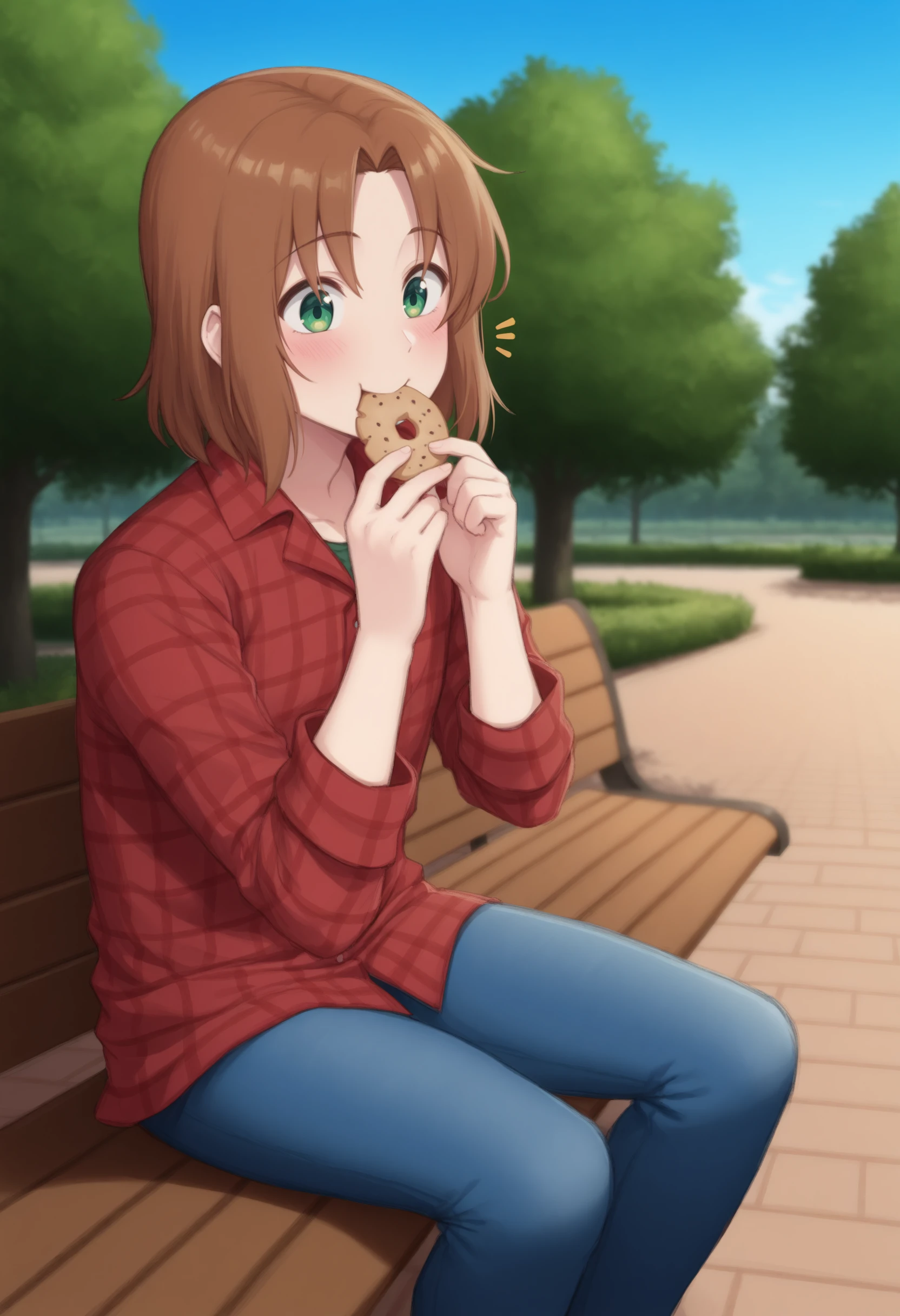 masterpiece, best quality, 1boy, solo, <lora:NSLithuaniaHetalia:1> NSLithMisc, brown hair, medium hair, green eyes, red shirt, plaid shirt, jeans, park, outdoors, eating cookies, cookies, happy, blush, blue sky, sitting