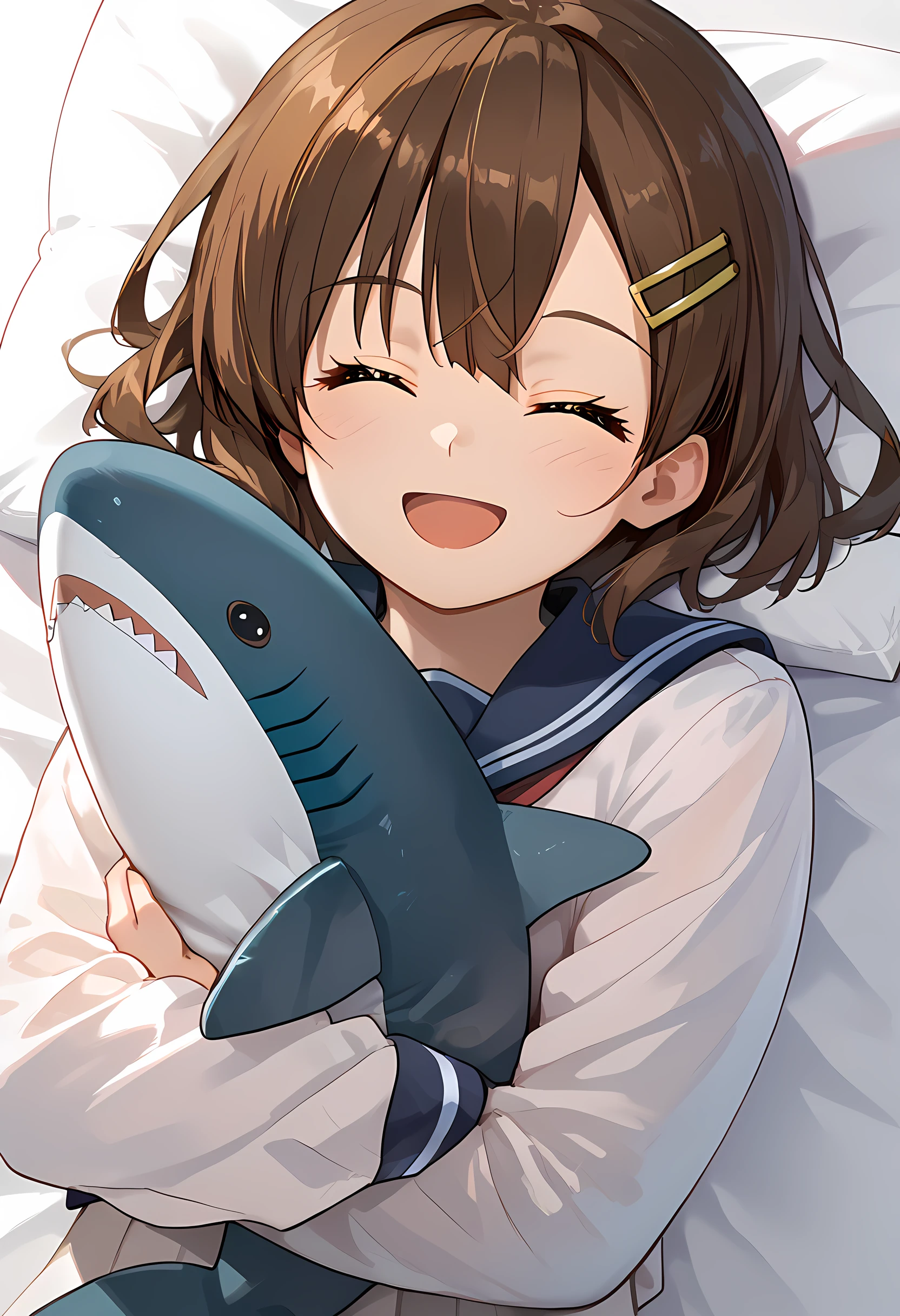 score_9, score_8_up, score_7_up, 1girl, solo, brown hair, closed eyes, hair ornament, hairclip, ikazuchi \(kancolle\), long sleeves, sailor collar, school uniform, serafuku, short hair, smile, lying, object hug, open mouth, hugging, shark, stuffed shark, simple background, <lora:Hugging_shark:1>