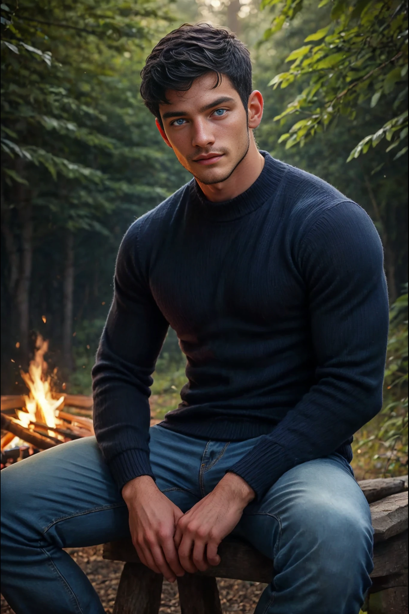 <lora:Tommy_Black_GV:1> 1man, Daddy, 35 years old, short black hair, grey at the temples, sapphire blue eyes, Masterpiece, photo-realistic, Crystal clear, highly detailed, An incredibly attractive, stunningly handsome young twink, wearing a sweater and jeans, sitting near a bonfire in a dark forest at night.