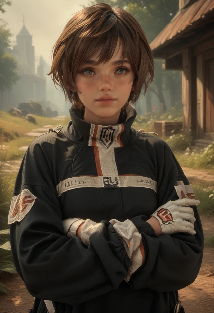 score_9, score_8_up, score_7_up,score_6_up, score_5_up,
lily, 1girl, solo, short hair, gloves, brown hair, looking at viewer, crossed arms, upper body, outdoors, white gloves, long sleeves, freckles, jacket, lips
<lora:Lily_-_Stellar_Blade:0.6>