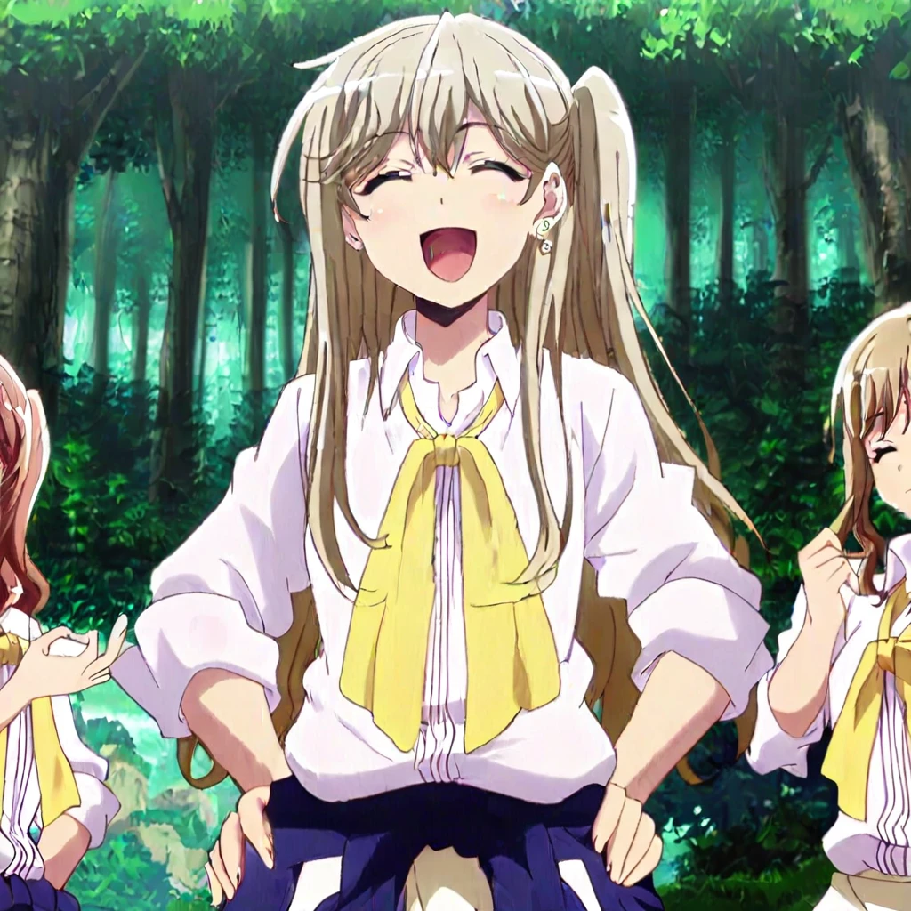 anime, woman, standing, lake, splahing, closed eyes, smile, open mouth, happy, long hair, solo, skirt, socks, wariza, clothes around waist, shirt, blonde hair, school uniform, shoes, outdoors, looking at viewer, pleated skirt, kneehigts, loafers, white shirt, tree, brown footwear, black socks, nature, forest, earring, ribbon, day, sleeves rolled up, one side up, neck ribbon, sweater around waist, sweater, dress shirt, yellow ribbon