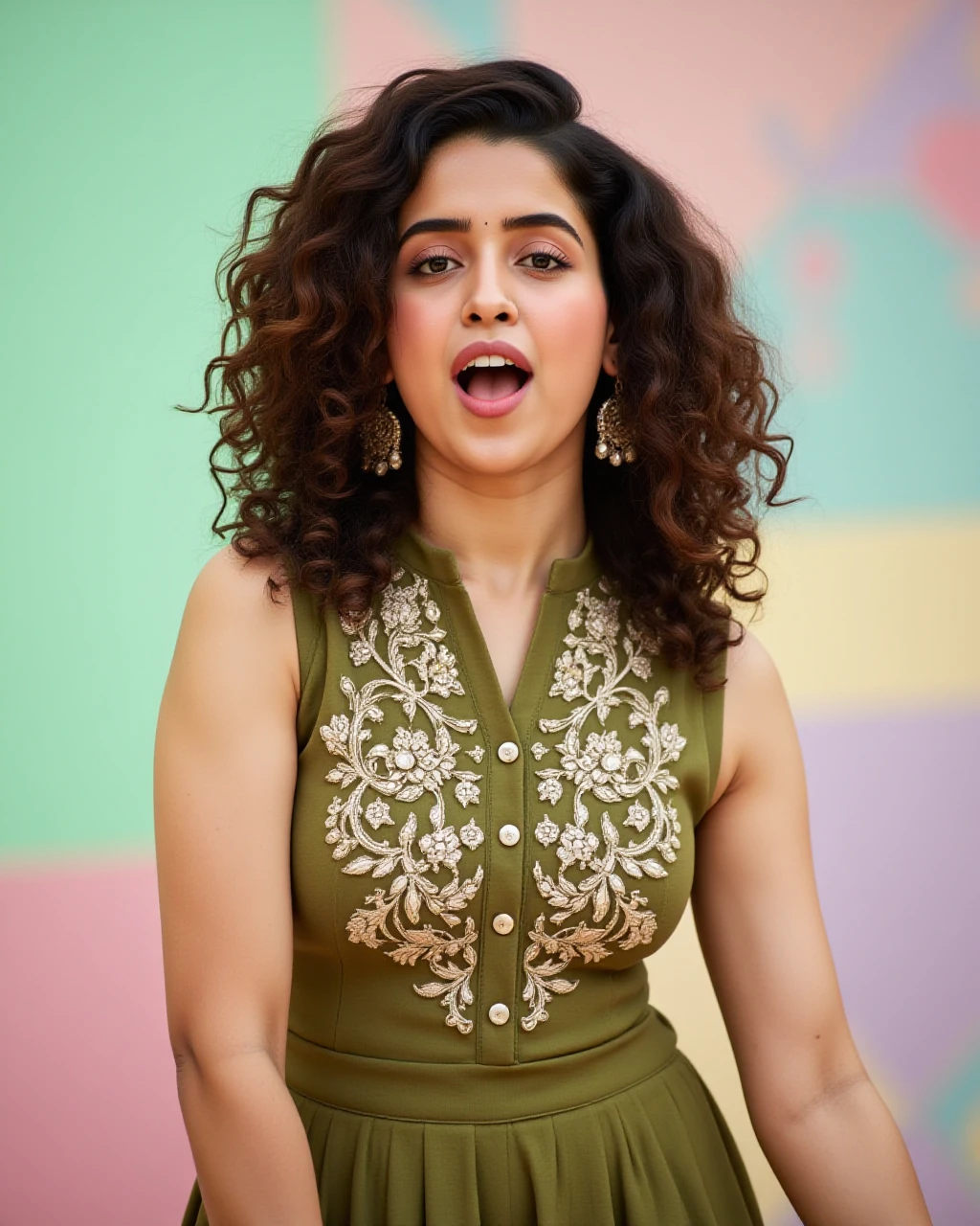 full body photo of Sanya Malhotra woman,hyper realistic candid photo with natural colors, shouting expression on face,studio quality, wearing intricate conservative sleeveless Olive Punjabi Suit, curls, pastel shaded multicolored background, cinematic soft lighting<lora:TestBed\Sanya_Malhotra_Flux_Kohya_LoRA_v1.safetensors:1.0:1.0>