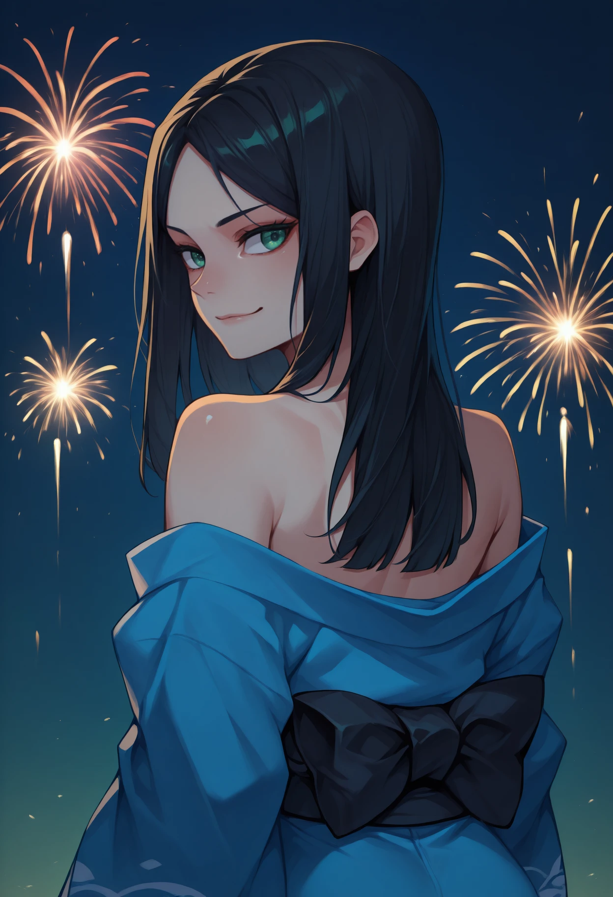 anime, masterpiece, best quality, <break> from behind, solo, 1girl, mcgeealice, slight smile, closed mouth, looking back, long hair, black hair, green eyes, japanese clothes, blue kimono, off shoulder, black sash, bare shoulders, fireworks
<segment:yolo-Anzhc Face seg 640 v2 y8n.pt,0.4,0.5//cid=1>