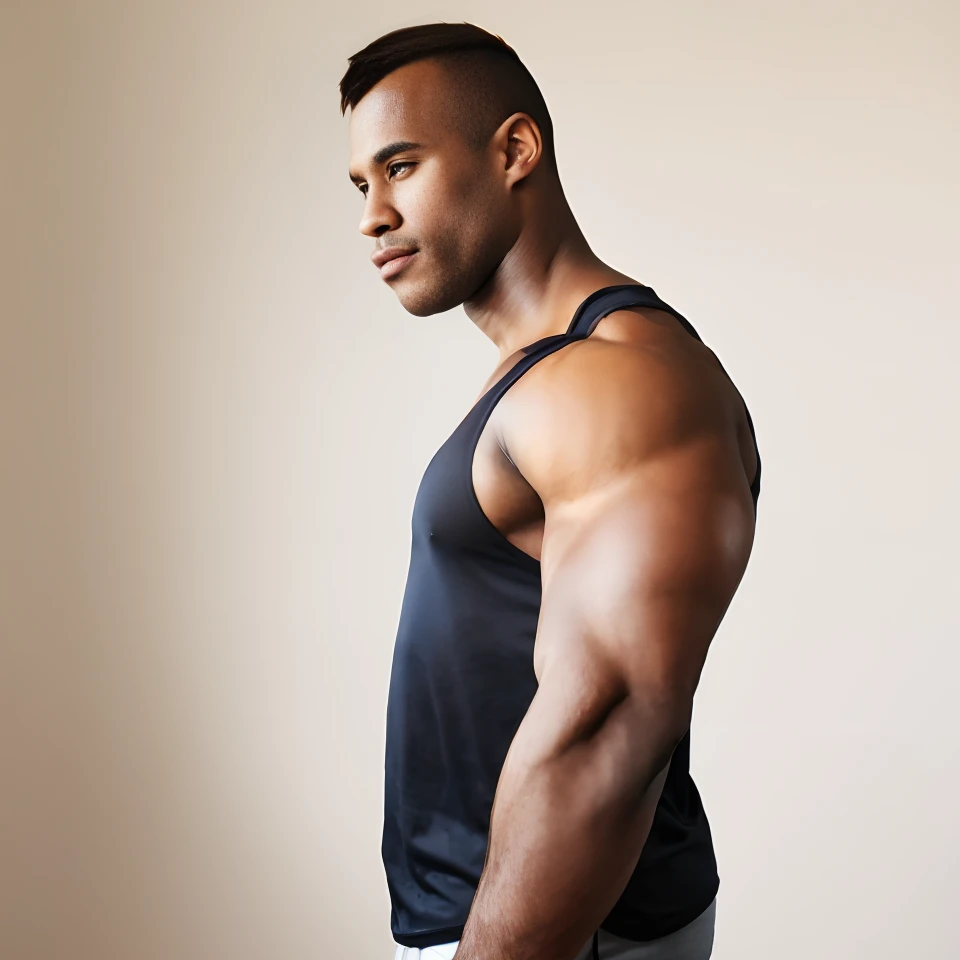 absurdres, highres, (dark-skinned male:1.2), (dark skin:1.3), <lora:RidderRivera:0.9>, ridderrivera, (muscular male:1.2), white tank top, from side, portrait, simple background