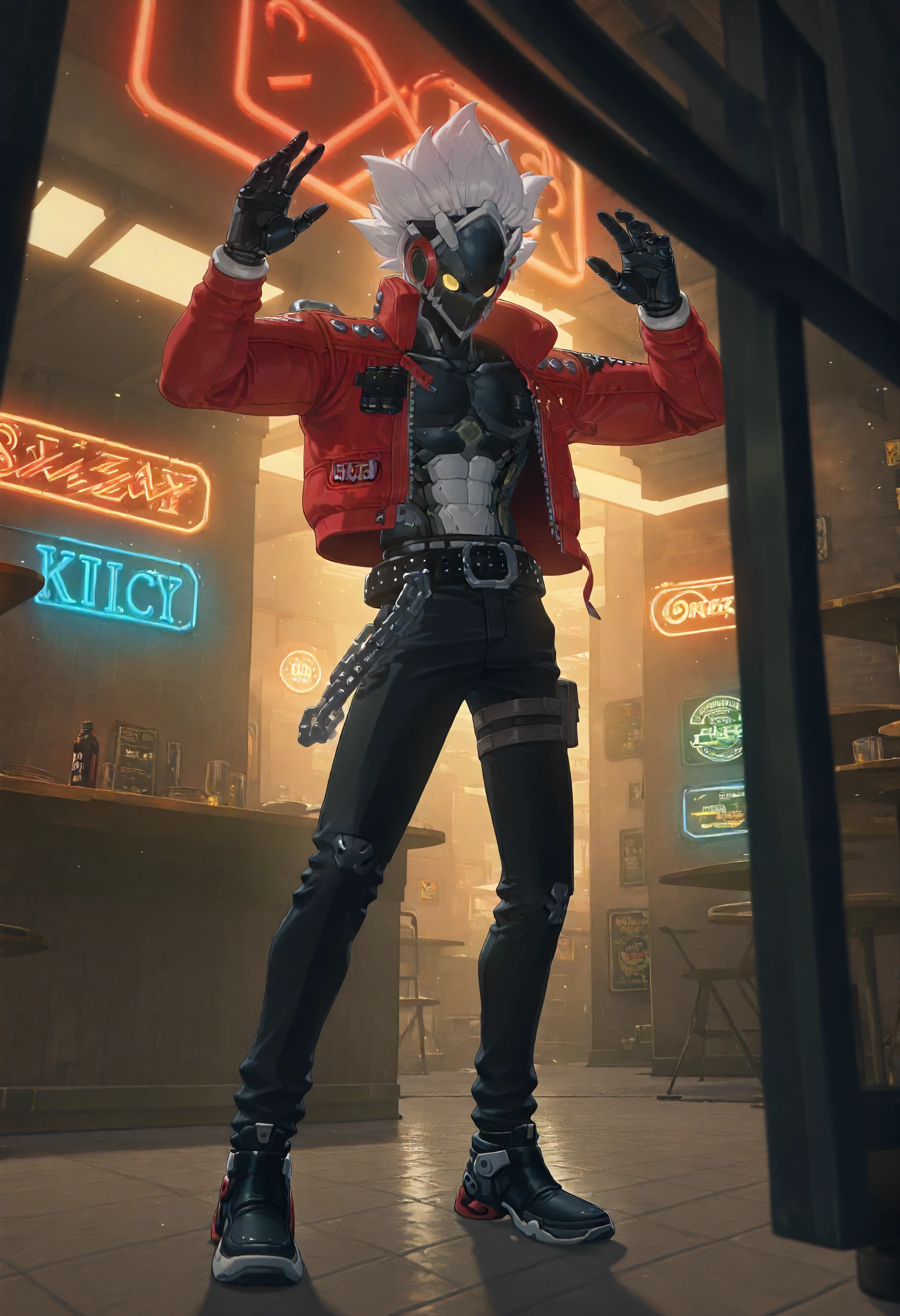 masterpiece, best quality, amazing quality, very aesthetic, absurdres, newest, scenery, volumetric lighting, perfect eyes, ultra detailed,
1boy, Billy Kid, solo, robot, white hair, black mask, robot mask, yellow eyes, black robot chest, white robot abs, black robot hands, 
red jacket, jacket ornaments, belt, chain, black pants, black shoes,
underground bar, neon sign, stools, tables, detailed background, backlighting,
standing, looking at viewer, jumping through the air, surprised, wide eyes, :O, 
<lora:Billy_Kid_-_Zenless_Zone_Zero_ZZZ__Illustrious:1>
masterpiece, best quality, amazing quality, very aesthetic, absurdres, newest, scenery, volumetric lighting, perfect eyes, ultra detailed,