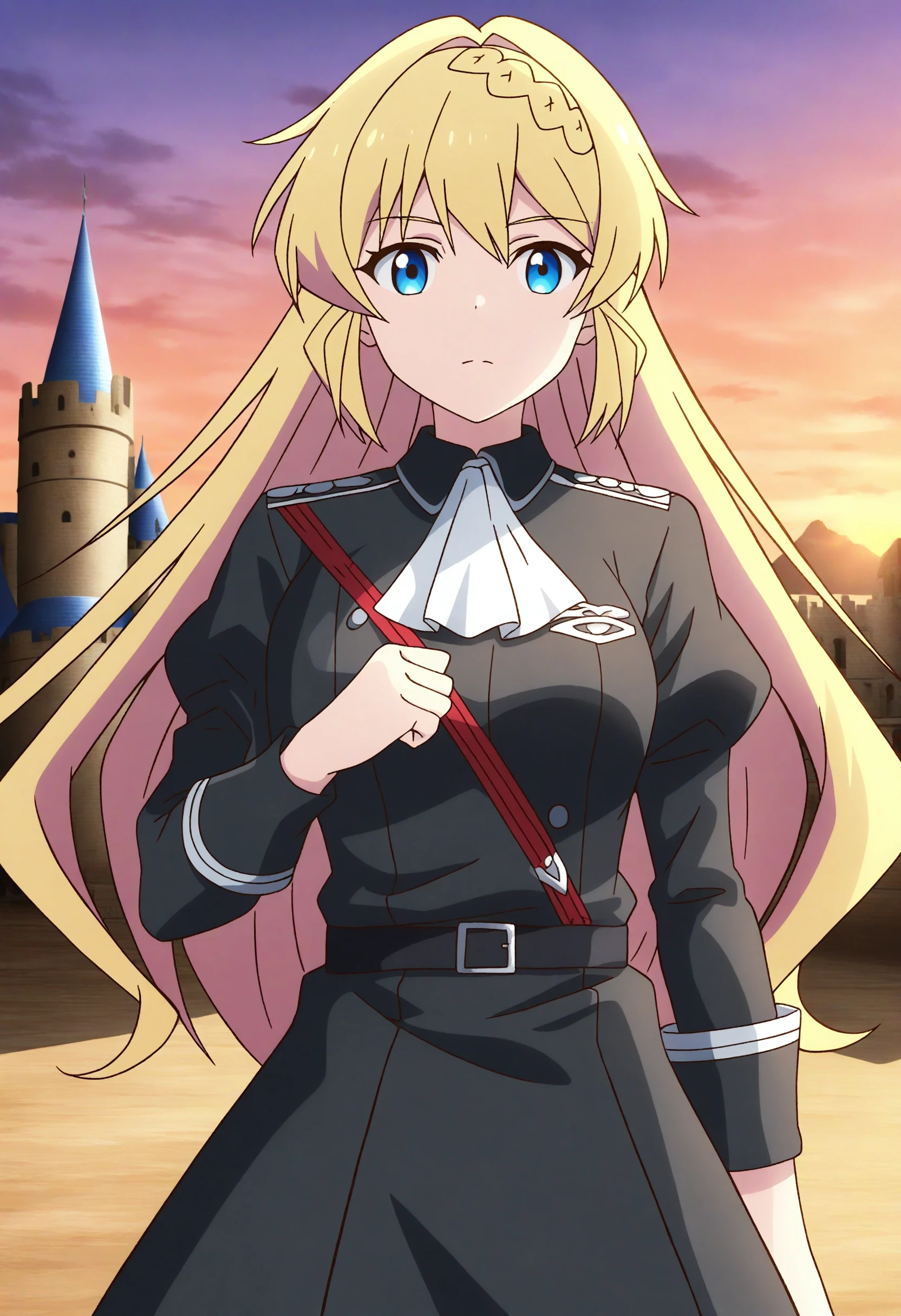 <lora:Azusa Aizawa - [Slime Taoshite 300 Nen] - illustriousXL v1:1>, blonde hair, blue eyes, solo, battle-ready outfit, posing, in front of an ancient castle, dusk, flickering torches,