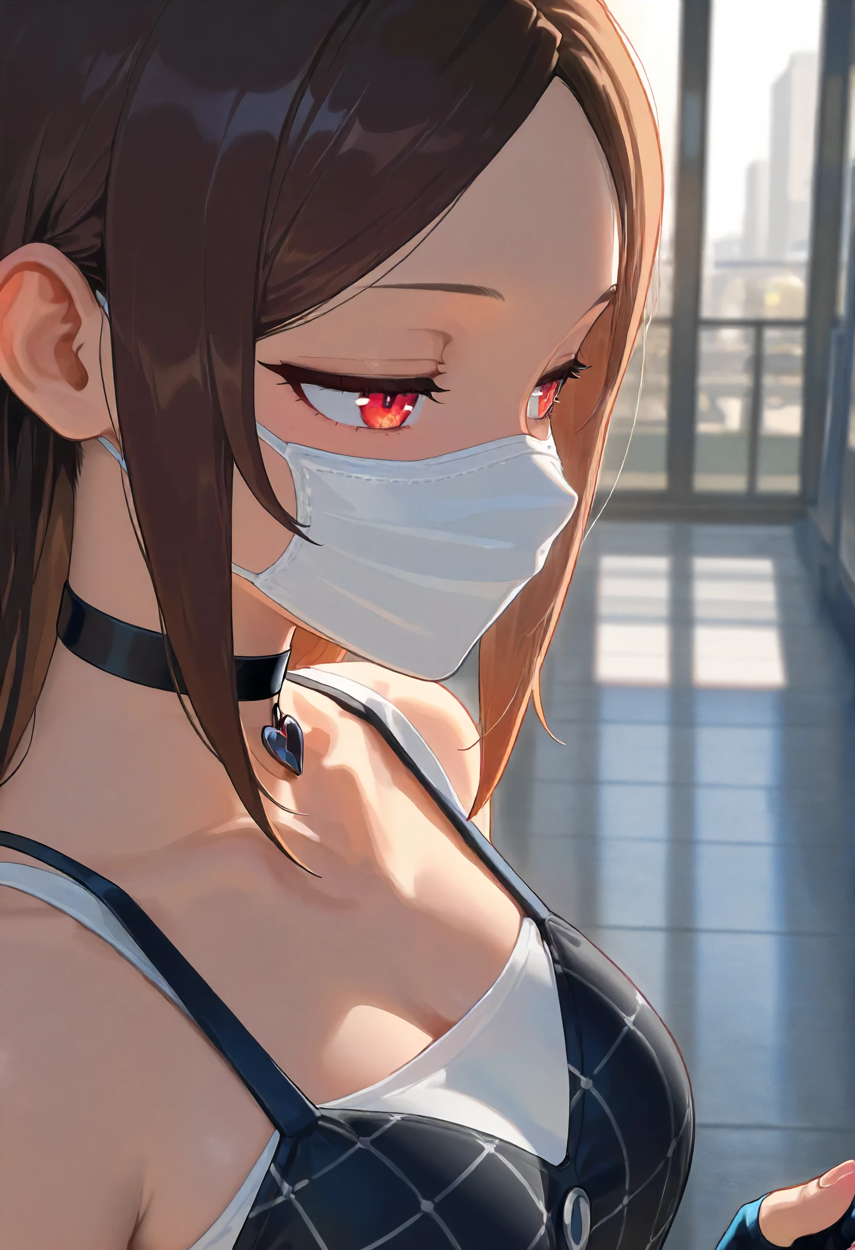 masterpiece, best quality, amazing quality, very aesthetic, absurdres, newest, scenery, volumetric lighting, perfect eyes, ultra detailed,
1girl, solo, brown hair, parted hair,  red eyes,
choker, black heart choker, white top, black top, square pattern top, zip, fingerless gloves, blue and orange wrist bands, white facial mask,
walking, half-closed eyes, beautiful, distracted, looking away, closeup, 
sixth street background, detailed background, backlighting,
<lora:NPC_Nameless_masked_girl_-_Zenless_Zone_Zero_ZZZ__Illustrious:0.6>
masterpiece, best quality, amazing quality, very aesthetic, absurdres, newest, scenery, volumetric lighting, perfect eyes, ultra detailed,