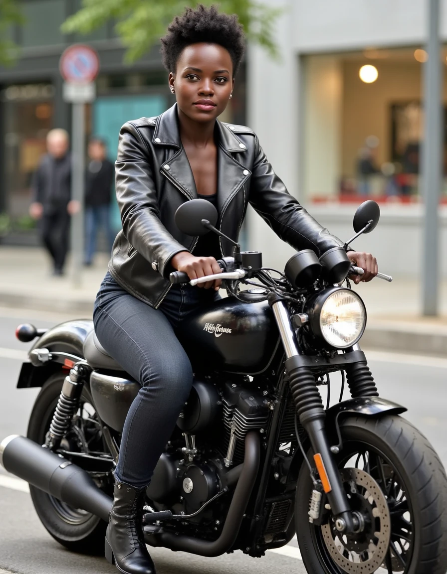 lupita-nyongo is riding a sleek black motorcycle and wearing a black leather jacket with dark jeans and black boots.  She is looking at the viewer with a closed mouth smirk  <lora:flux_lupita-128:1.1>