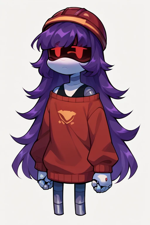 2D, score_9, score_8_up, score_7_up, BREAK, 1girl, solo, D0ll, Purple Hair, long hair, Red Eyes, Robot, Visor, red helmet, sweater