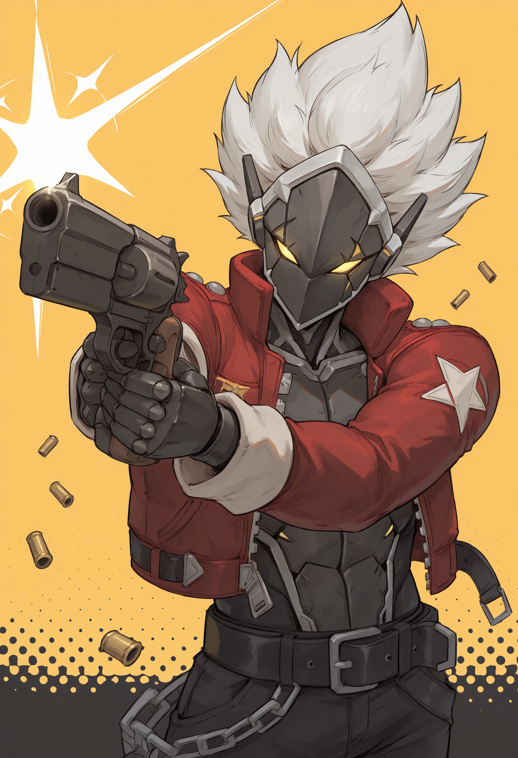 masterpiece, best quality, 1boy, zzzblkd, cyborg, robot joints, short hair, white hair, spiked hair, yellow eyes, glowing eyes, mechanical hands, mechanical parts, robot ears, no mouth, 
long sleeves, open jacket, red jacket, star (symbol), collared jacket, black pants,black belt, chain,
bullet, holding gun, male focus, holding weapon, revolver, handgun, shell casing, glint, upper body, yellow background, badge, sparkle, aiming, firing, cartridge, glowing, halftone background, ammunition, diffraction spikes, looking at viewer, black background, 
<lora:zzzblkd_idxl_EliPot:1>