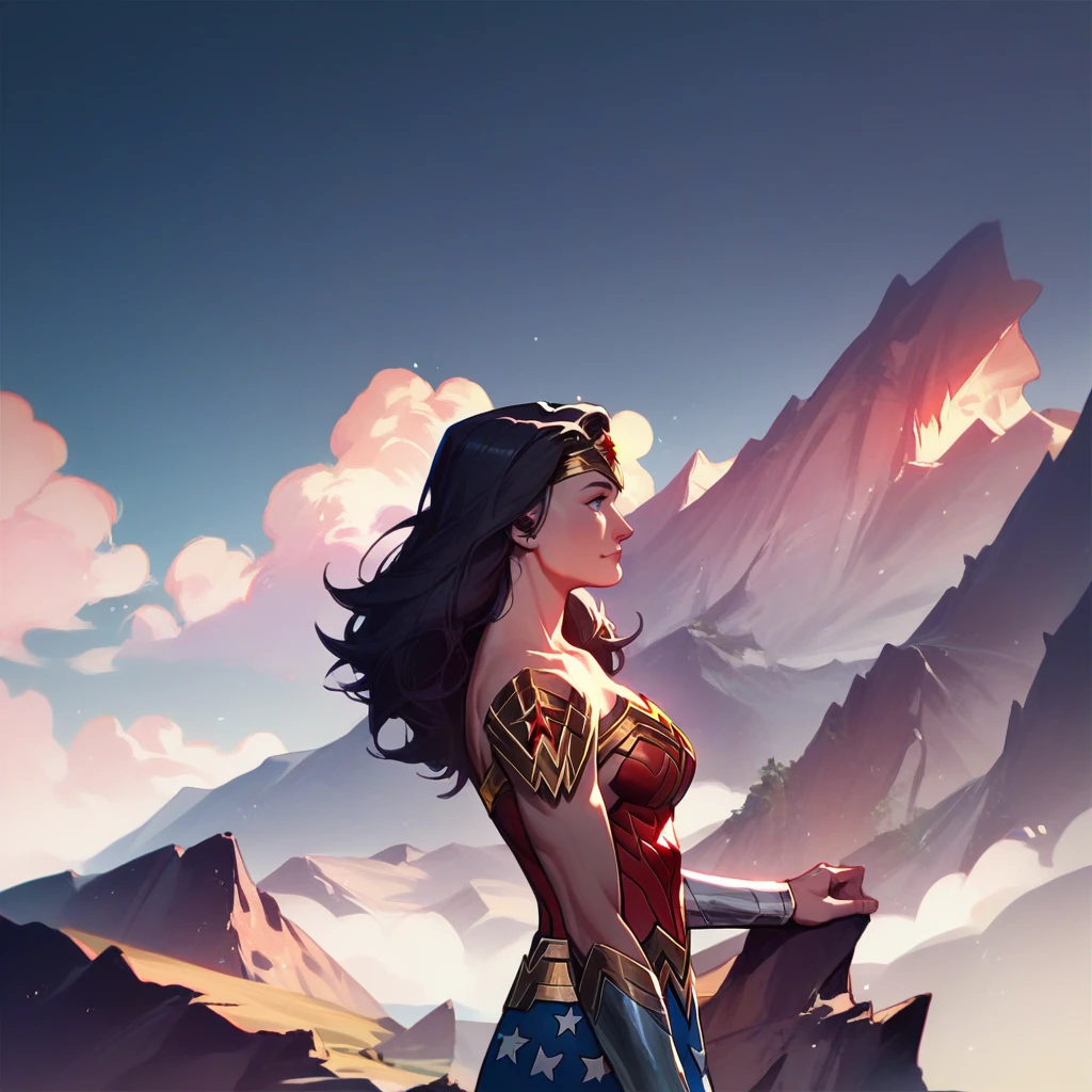 score_9, score_8_up, score_7_up, score_6_up, score_5_up, score_4_up, source_anime,rating_questionable, 1girl, solo, wonder woman, side profile, from side, looking out, on mountain, <lora:Mountain_Top:0.7> mnt41n, outdoors, mountain, cloud, cliffs