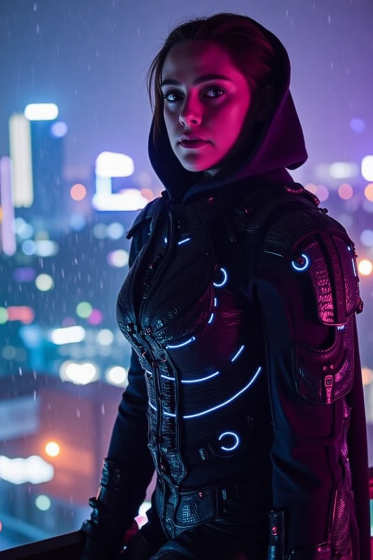 A beautiful female vampire slayer in a futuristic, armored bodysuit with neon accents, resembling an exoskeleton, glowing faintly in the dark. Looking at viewer, her outfit includes a hooded cloak that flickers as if alive, blending into the shadows. The backdrop is a neon-lit rooftop overlooking a sprawling cyberpunk city at midnight, rain droplets caught mid-air as they reflect colorful lights. The camera angle is an over-the-shoulder shot, captured by a Sony Alpha 7R IV with a 50mm f/1.2 lens, focusing on her beautiful piercing eyes. danirus