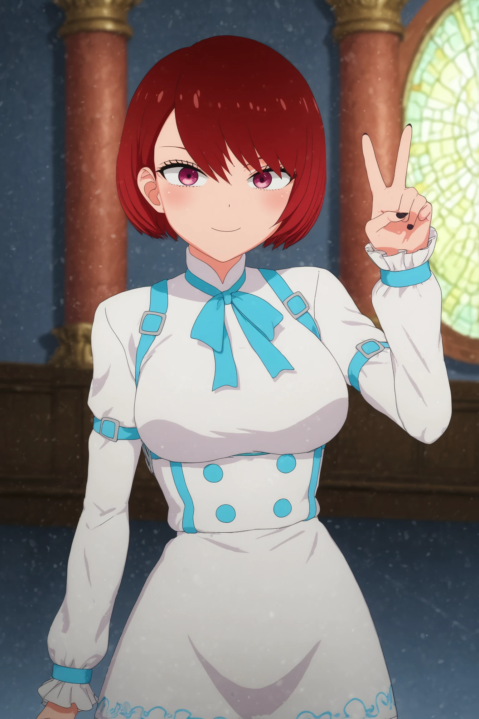 caph,1girl,solo,short_hair, dress,breasts, smile,blush,long_sleeves, shirt,purple_eyes, looking_at_viewer, large_breasts, white_dress, ribbon,standing,from_behind, looking_back,peace sign 
BREAK
indoors,tile_wall,chandelier,gothic_architecture, 

<lora:Caph_-_The_Duke_of_Death_and_His_Maid.safetensors:1>
