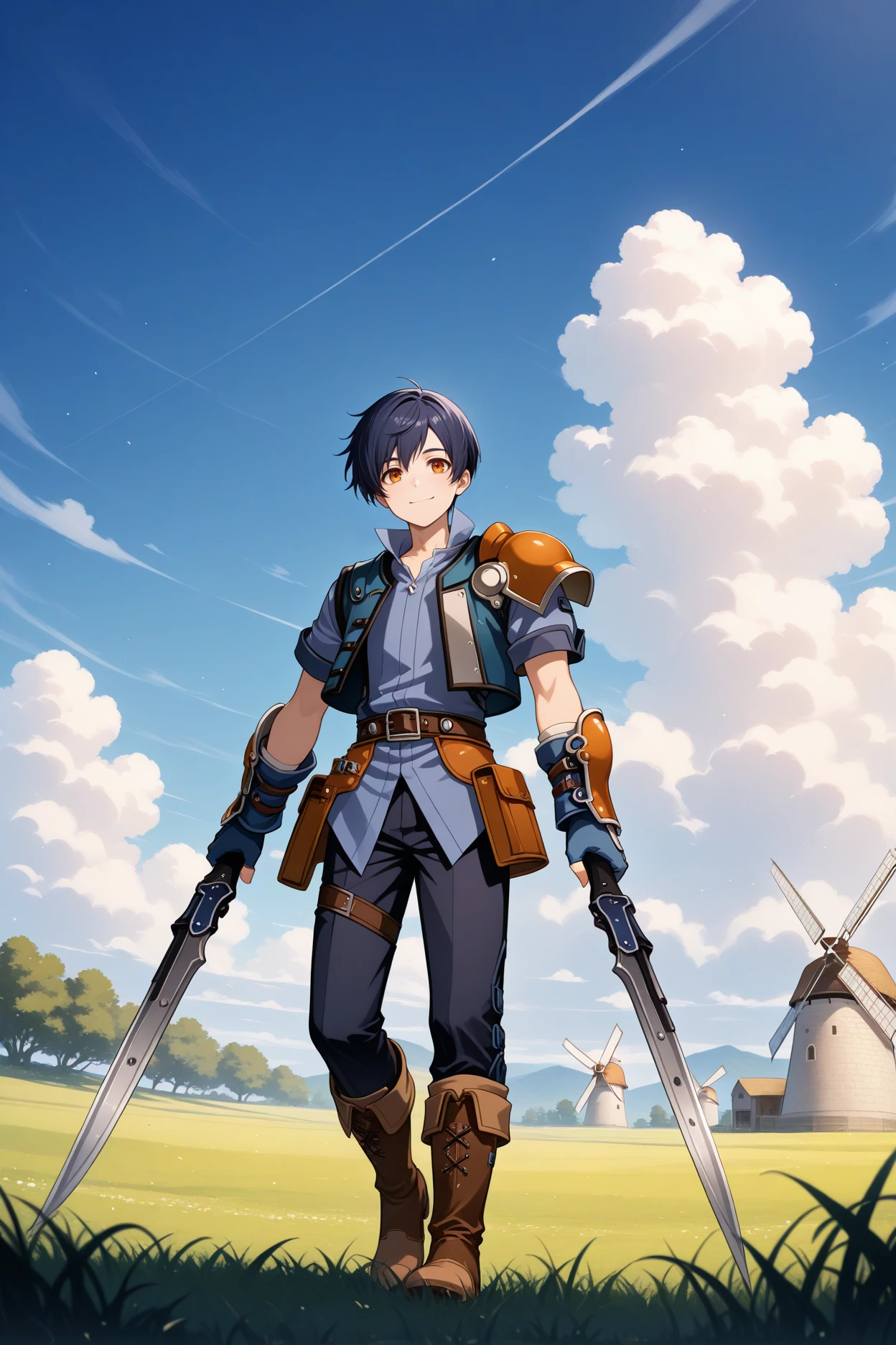 masterpiece, best quality, 1boy, male focus, solo <lora:joshuabright-illu-nvwls-v1-000006:1> fcjsha, black hair, short hair, amber eyes, single shoulder pad, blue shirt, short sleeves, dark blue vest, single shoulder pad, bracers, fingerless gloves, black pants, brown boots, holding two short swords, smile, blue sky, field, trees, clouds, wide shot, windmill, walking