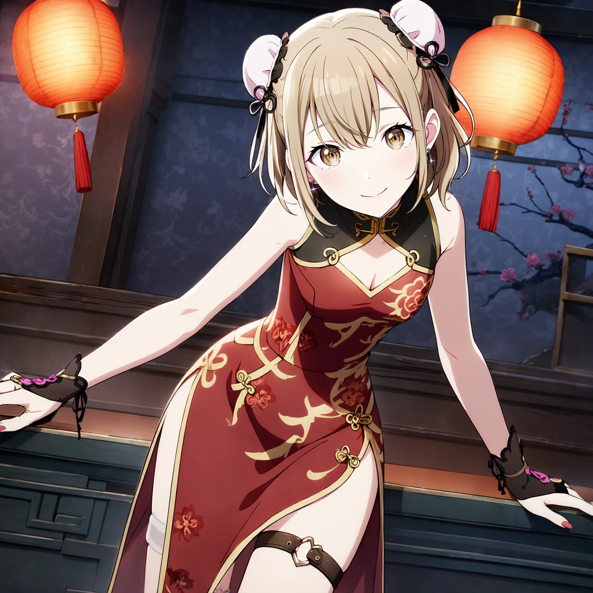 1girl, azusawa kohane, project sekai, masterpiece, very aesthetic, absurdres, official art,
bewitching sister, blonde medium hair, beige eyes, earrings, 
(looking at viewer:1.2), smiling, closed mouth, sitting, leaning forward, small breast, BREAK
chinese clothes, china dress, bun cover, red dress, thigh strap, fingerless gloves, sleeveless, floral print, sleeveless dress, side slit, gold trim, red gloves, hair ornament, bare shoulders, print dress, bridal gauntlets, cleavage cutout, long skirt,
indoors, Chinese style room, dark, dark atmosphere, illumination, cyberpunk, 
<lora:sdxl-vs-BewitchingSister01:0.9:lbw=0,0,0.2,0.2,0,0.4,0.4,0,0.8,0.8,0,0,0,0.8,0.8,0.6,0.8,0.0,0.0,0.0,0,0,0,0,0,0>