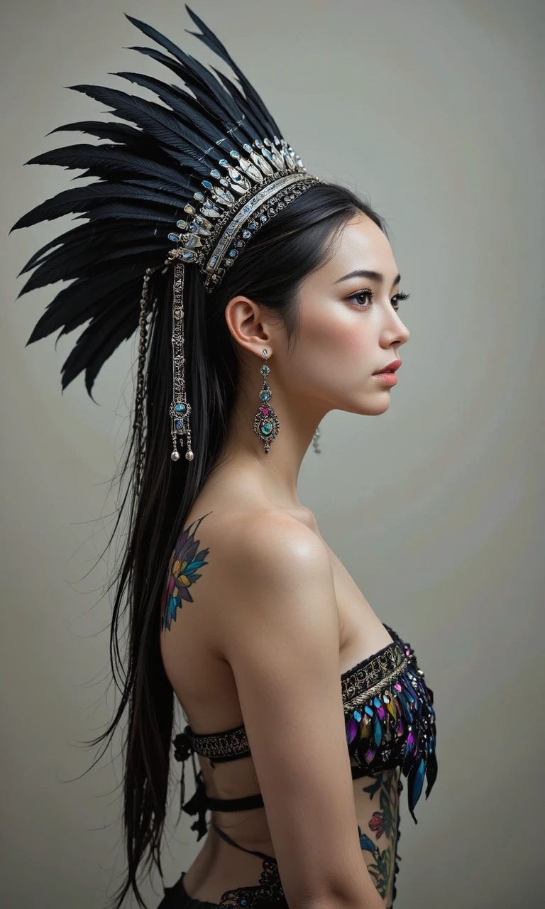 The image showcases a breathtaking and stunningly beautiful native indigenous girl whose body is fused with flowers, feathers and foliage, vibrant color, in the style of a high resolution pen and ink sketch, isographic portrait, hard edges, high quality, minimalist art, uhd, 4K, 8K