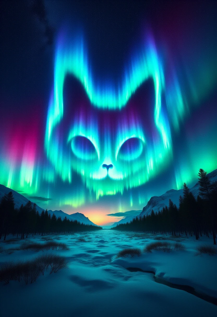 <lora:Aurora_BorealiStyler_FLUX-000018:1.0>
This is a digital artwork featuring a surreal, fantastical scene depicting a majestic, glowing cat face in the sky, created using a blend of neon colors, particularly vibrant blues and greens, mimicking the Northern Lights, or Aurora Borealis.