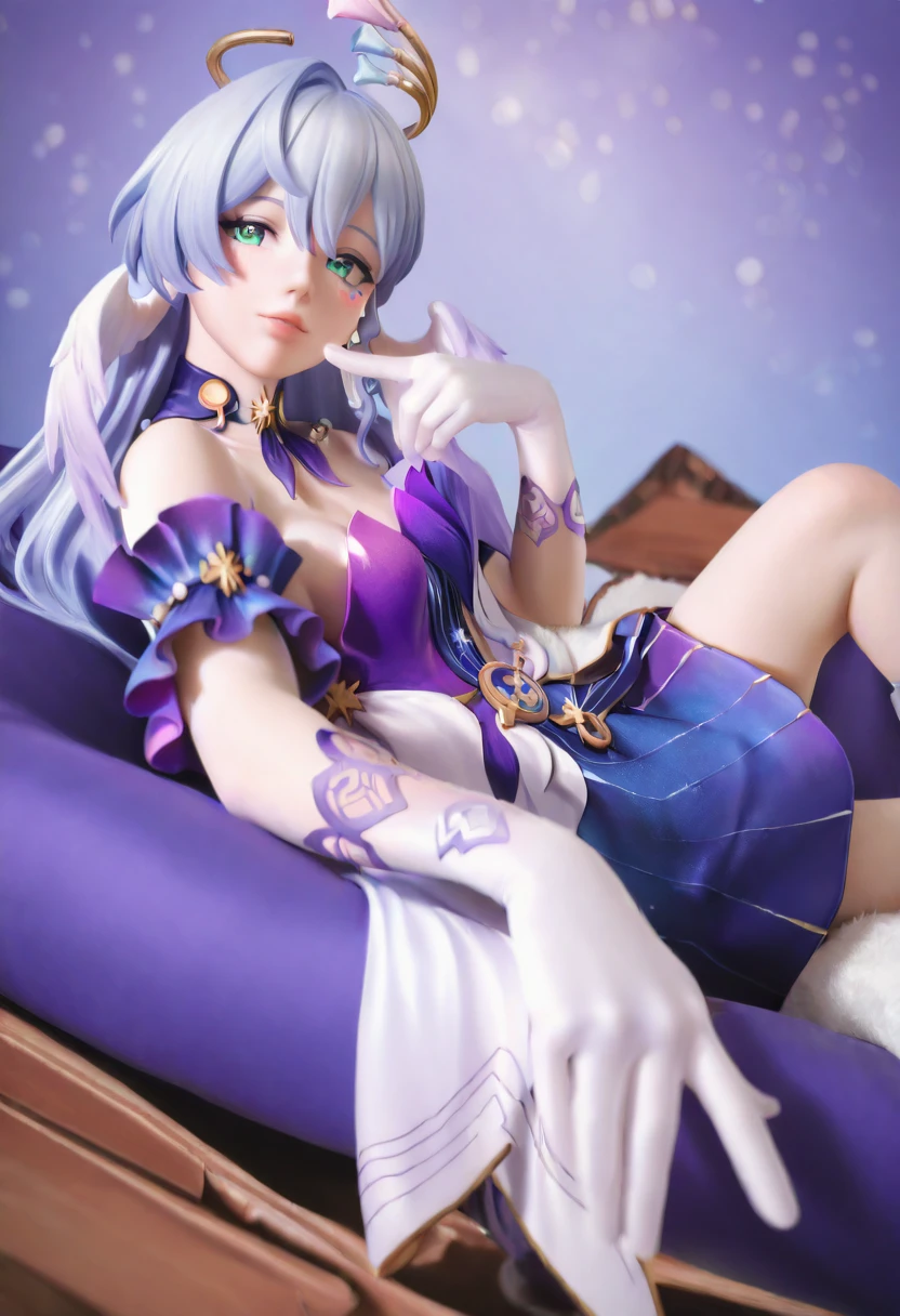 realistic,photorealistic,cosplay photo,masterpiece,best quality,newest,absurdres,highres,1gril,reclining, lying, finger to mouth, robin \(honkai: star rail\), white knee boots, white skin, looking at viewer, from side, detailed eyes, <lora:PVC Style-noobXL-V1:0.85> <lora:noobXL-realistic-V1.6:0.7>