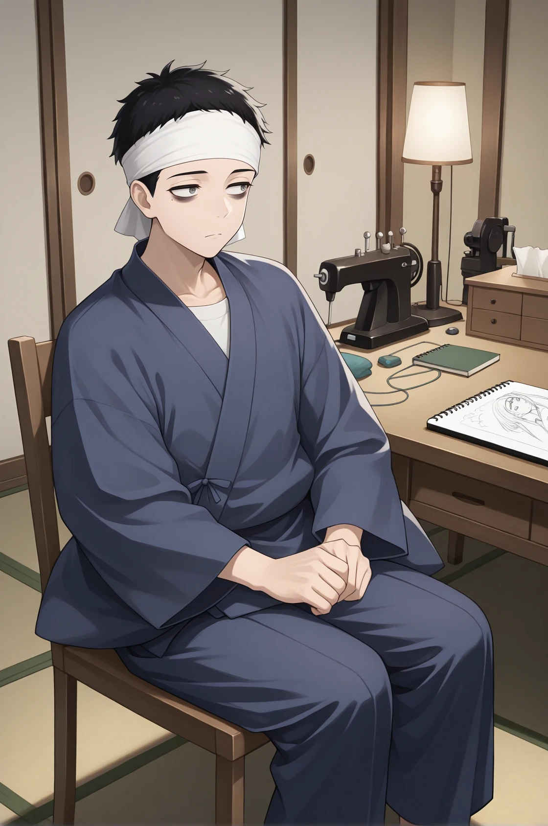 masterpiece, best quality, looking to the side, serious, bags under eyes, 1boy, g0j0, black hair, short hair, grey eyes, white headband, blue kimono, blue pants, sitting, on chair, sewing machine, sketchbook, indoors, bedroom, tatami, desk lamp, <lora:Hoseki_MyDressUpDarling_WakanaGojo_IllustriousXL_v1:1>