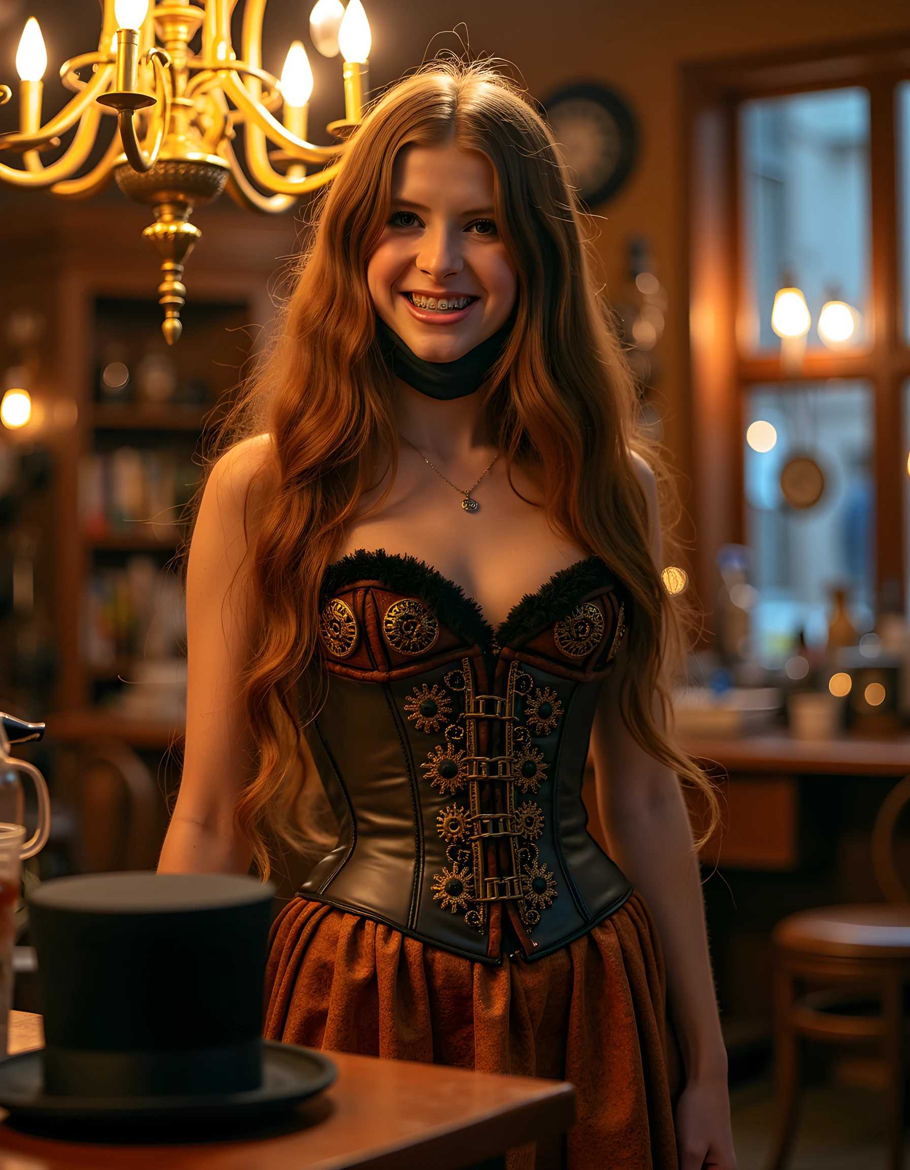 In a steampunk-inspired Victorian era setting, a woman named JUL14V, with a radiant smile revealing perfectly white teeth, is captured in a close-up shot. Her long, brown hair cascades down her back, framing her face as it catches the soft glow of candlelight emanating from an ornate brass chandelier above. She wears a unique outfit that blends Victorian elegance with steampunk innovation: a corset adorned with intricate gears and cogs, a long, flowing skirt made of copper-toned fabric, and a top hat resting on the table beside her. The background is filled with a cluttered workshop brimming with strange inventions and contraptions, evoking a sense of curiosity and wonder. The emotional tone of the image is whimsical yet determined, as if she is about to unveil her latest creation in this fantastical, dimly-lit laboratory.