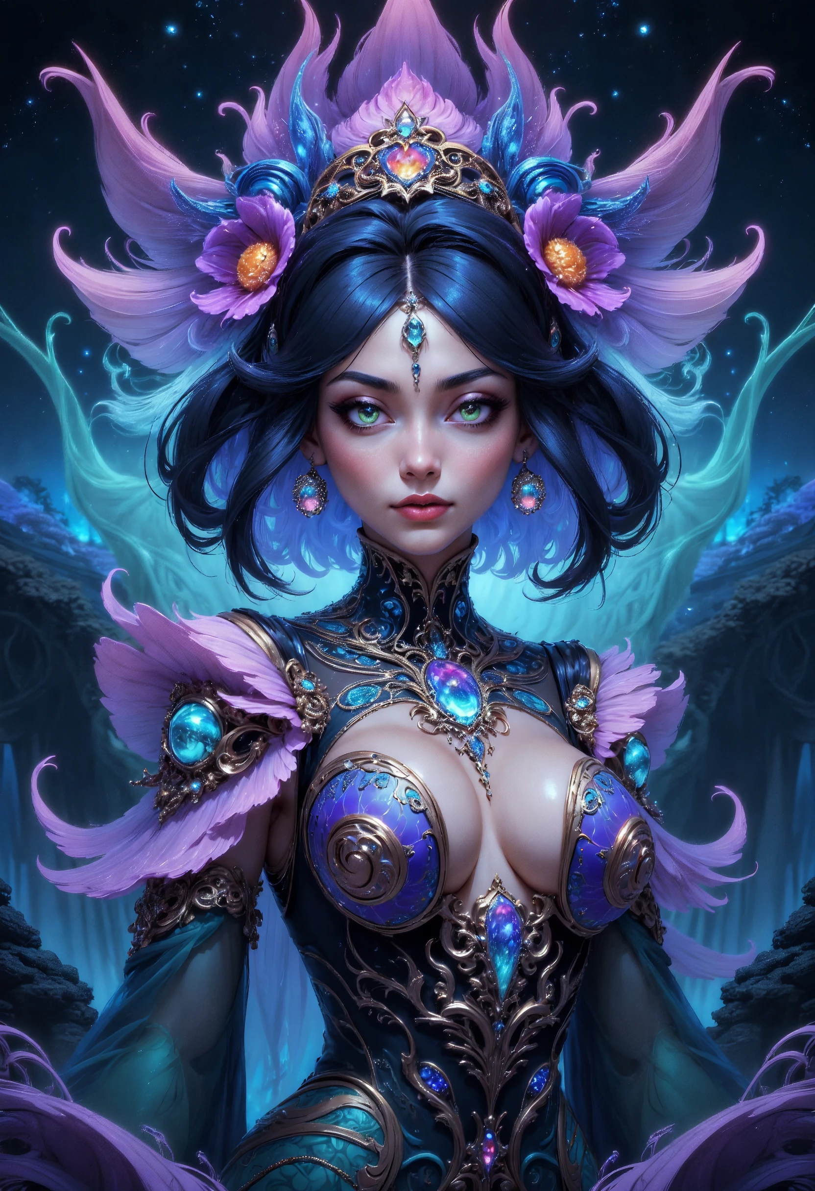 (in Don Bluth style:1.2), (masterpiece:1.2), (A uniquely beautiful female dressed in attire resembling a fusion of bioluminescent flora and cybernetic enhancements set against a composition that merges fractal patterns with dreamlike landscapes, wearing unique Avant-garde masterpiece attire and headdress:1.1), (upper body portrait:1.0), (The subject is best lit with a shifting pulsating light that accentuates the organic-meets-technological ensemble, The background features a surreal dreamscape with floating islands and cascading waterfalls:1.1), (hyperdetailed:1.1), (intricate details:1.0), (Refined details:1.1), (best quality:1.1), (very stylish detailed modern haircut, mesmerizing detailed radiant face, mesmerizing detailed beautiful eyes:1.2),