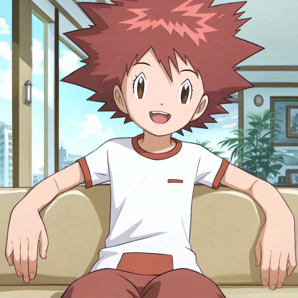 score_9, score_8_up, score_7_up, source_anime, prefect lighting, very aesthetic, intricate details, highly detailed background, high quality, prefect hands, best quality, digimon, burgundy hair, spiked hair, dark brown eyes, fair skin, younger, indoors, living room, looking at viewer, closed mouth, casual clothes, urban style, indoors, living room, sitting on sofa, arms support, looking at viewer, smile, open mouth