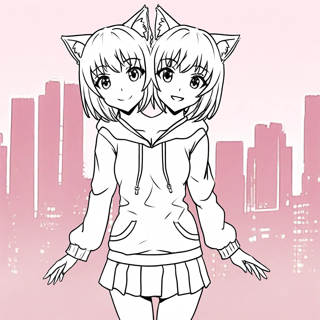 masterpiece, best quality, absurdres, two heads, conjoined, 1girl, cat ears, hoodie, skirt, city background, smile