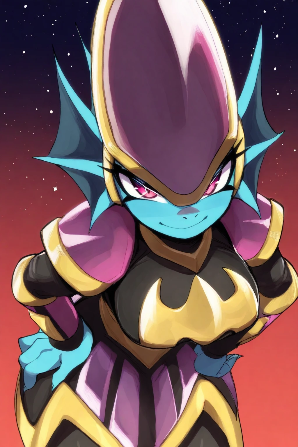 feminine, masterpiece, best quality, newest, absurdres, highres, merga_fp, aquatic dragon, ear fins, helmet, head fin, armor, armored dress, armored skirt, leaning forward, big breast, seductive smile, hand on hip, looking at viewer,
BREAK
red background, stars, outdoor, dark background, dynamic background, <lora:Merga_IL:1>