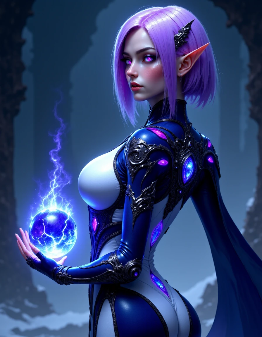 A cinematic shot of a beautiful witch with purple stylish hair, purple glowing eyes, standing with her back against the camera, looking over her shoulder, wearing a blue purple and white magical bodysuit with rich details, holding a blue burning fire orb in one hand, blue fire around her, hkdetailer,  <lora:FluxFantasyDetailerV2:1>