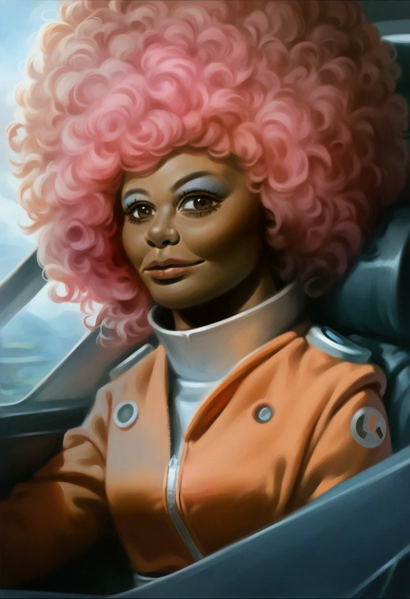 score_9_up, score_8_up, score_7_up, score_6_up, 1girl, solo, kate_k, afro, pink hair, brown eyes, dark-skinned female, pilot suit, makeup, sitting in a cockpit, science fiction, smile, (realistic, painted art)