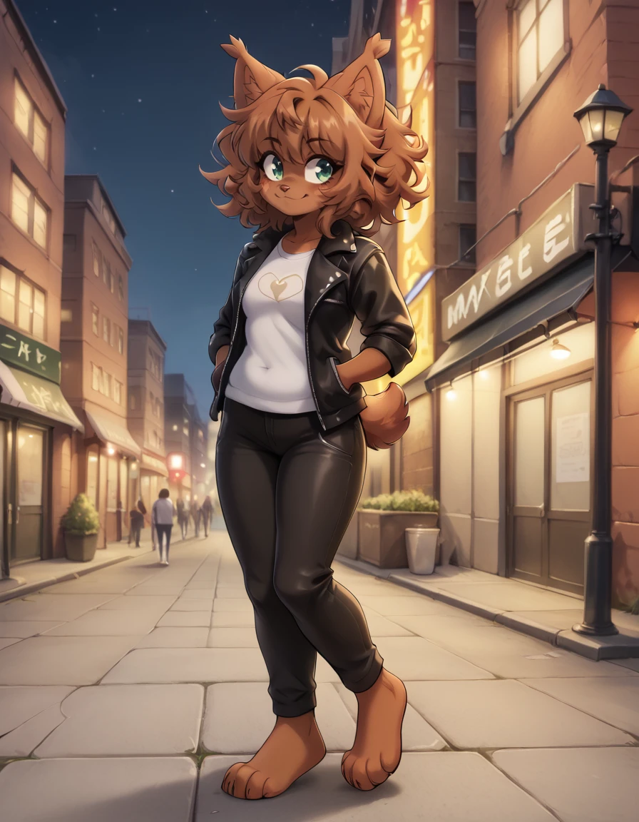 outdoors,city,night, night sky, 
Aika,1girl,solo,dog girl,brown hair,animal ears,furry female,dark-skinned female,green eyes,tail,short hair,animal nose,dog ears,messy hair,dog tail,bangs,
full body,smile,long eyelashes,
leather pants,white t-shirt,leather jacket, hands in pockets,  
<lora:Aika_v01_PDXL:1>,