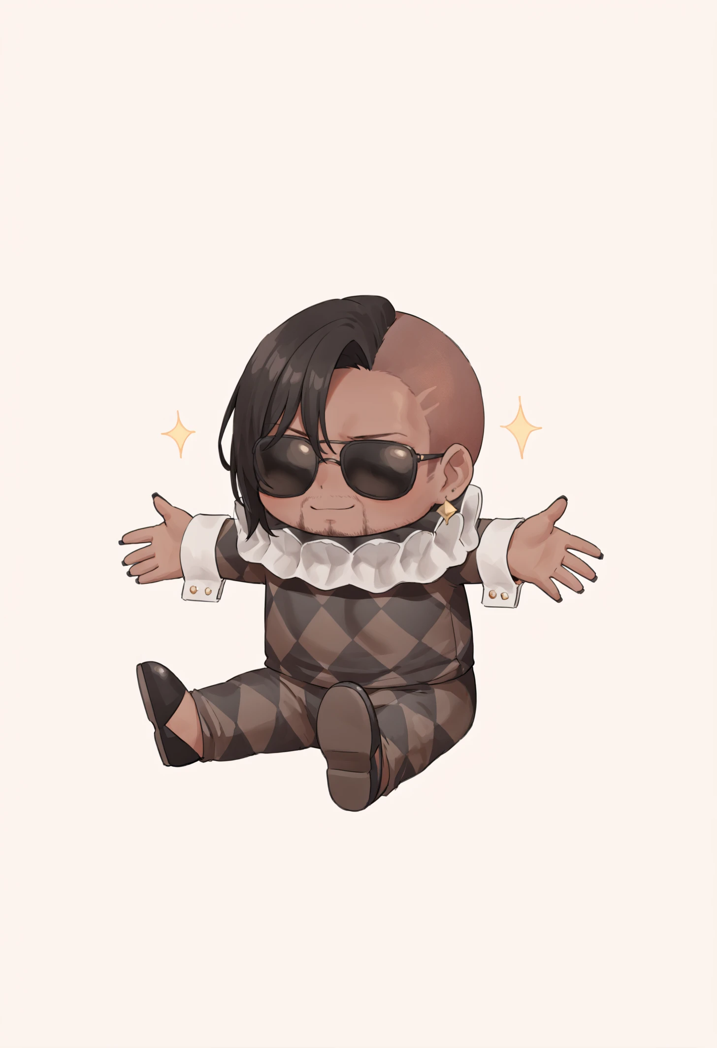 masterpiece, best quality, 1boy, solo,  jelomstng, dark-skinned male, muscular, sunglasses, no eyes, black hair, sidecut, short hair, facial hair, neck ruff, bodysuit, checkered clothes, armlet, wrist cuffs, black nails, sitting, on floor, smile, sparkles, spread arms, chibi, meme, thick lines, simple background, white background<segment:yolo-Anzhc Face seg 640 v2 y8n.pt,0.4,0.3//cid=1>