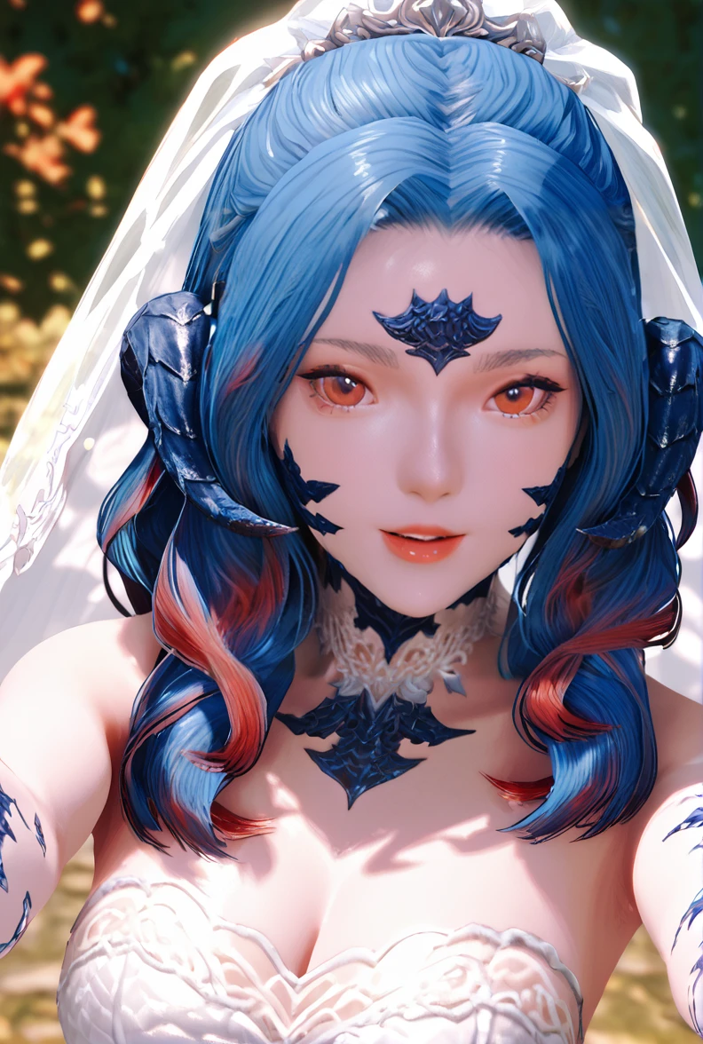 <lora:au_ra_pony:1>,score_9,score_8_up,score_7_up,score_6_up,<lora:lingye>,lingye,aura,final fantasy xiv,horns,red streaked hair,scales,red eyes,scales,body scales,blue hair,sunlight,looking at viewer,forehead,wedding_dress,upper body,(smile:0.3),(happy:0.6),wedding,wedding_band,hair_flaps,bridal_veil,(reaching towards viewer:1.3),white glove,cowboy_shot,