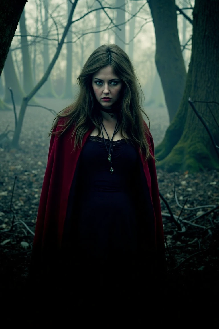 A dark, atmospheric movie poster of Katharine Isabelle as a hauntingly beautiful yet fierce Little Red Riding Hood. She wears a tattered crimson cloak stained with blood, her piercing green eyes glowing faintly. The background depicts a twisted, fog-laden forest with gnarled trees resembling skeletal fingers. Moonlight streams through the fog, illuminating her figure. The layout uses muted colors with splashes of red for dramatic effect, and a cinematic lens flare highlights her intense gaze.,kathaisa,katisa,kaisa