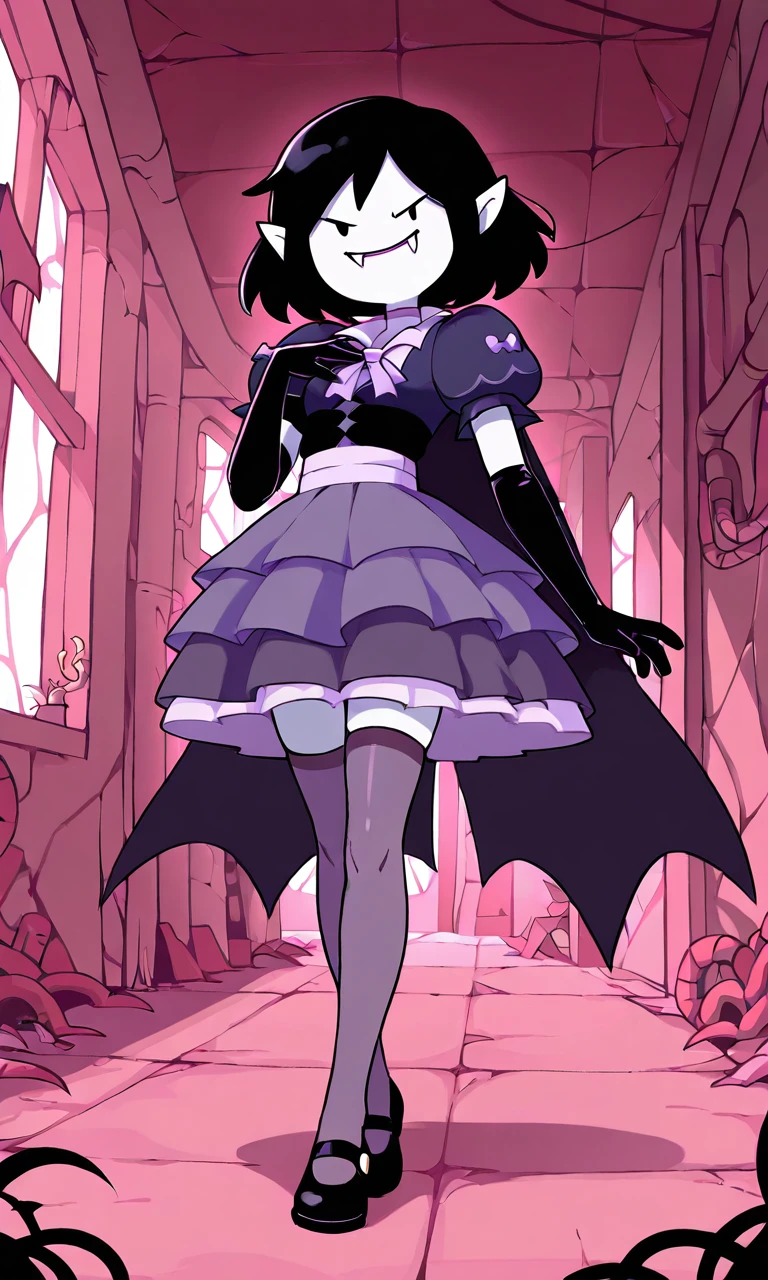 adventuretime_marceline, ((masterpiece,best quality)), ((1girl,vampire,solo,black hair,pointy ears,black eyes,fangs,grey skin)), ((short hair,puffy sleeves,purple layered dress,bow,elbow gloves,short wing cape,tighhighs,mary janes)), ((evil grin,hand on own chest)),((indoors,post-apocalypse)), <lora:adventuretime_marceline:1>