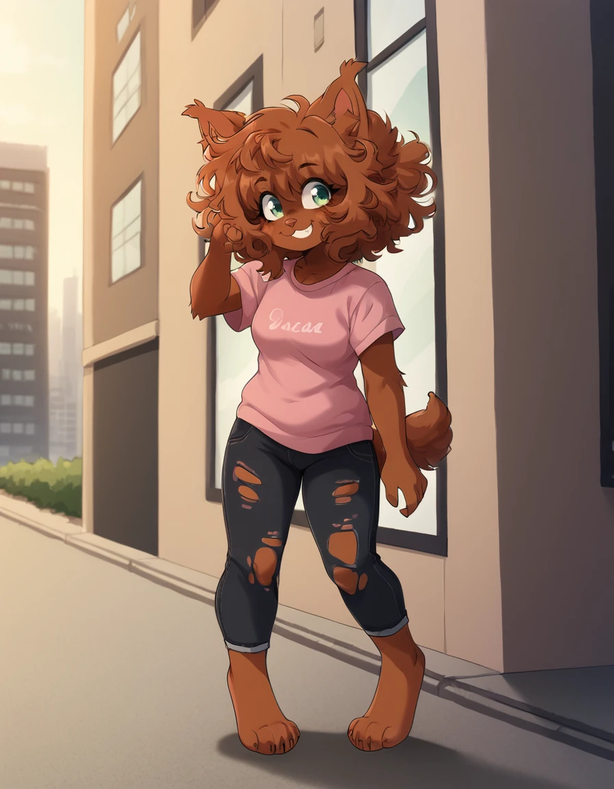 outdoors,city,
Aika,1girl,solo,dog girl,brown hair,animal ears,furry female,dark-skinned female,green eyes,tail,short hair,animal nose,dog ears,messy hair,dog tail,bangs,
full body,smile,long eyelashes,
torn denim pants,pink t-shirt,pose,
<lora:Aika_v01_PDXL:1>,