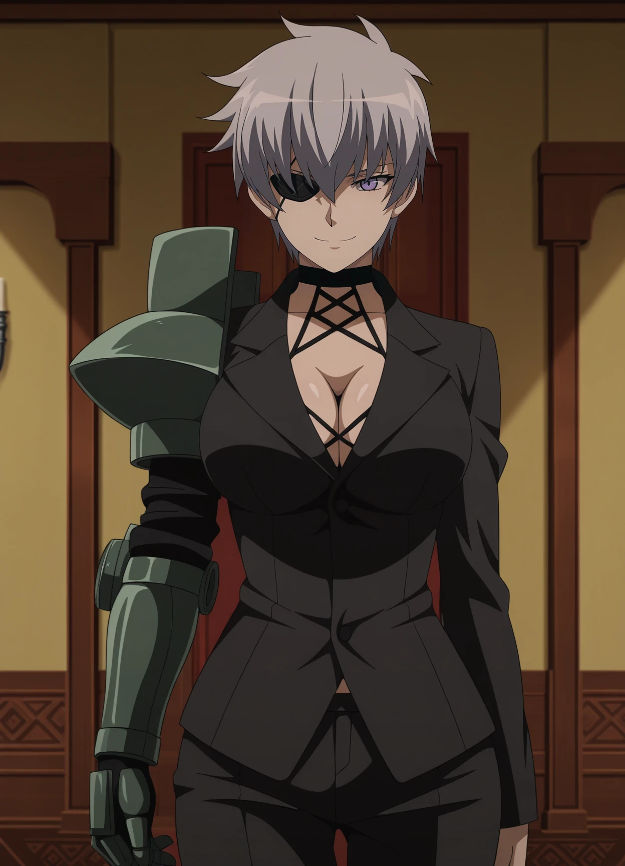 1girl,solo,Najenda,eyepatch,short hair,grey hair,purple eyes,large breasts,anime coloring,
,armor,suit,choker,cleavage, pants,cowboy shot, looking at viewer, smile,indoors
,masterpiece,best quality,amazing quality,<lora:Najenda-Akame_ga_Kill:0.8>