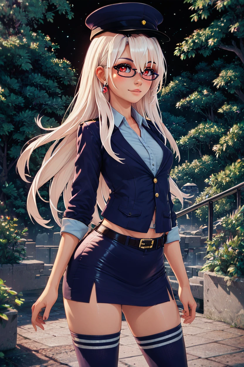 score_9, score_8_up, score_8, large breasts, (curvy), cute, eyelashes,       ,,, , ,,, zzMilitIllyaCitron, hair between eyes, red eyes, long hair, white hair, glasses, semi-rimless eyewear,  military hat, military jacket, pencil skirt, thighhighs, belt,  <lora:MilitIllya_CitronOC_PDXL:1.0>,    ,,,, BREAK, <lora:Hyperdriver_PDXL_v5:0.8>, ,,, BREAK, smile, looking at viewer, cowboy shot, embedding:zPDXL,