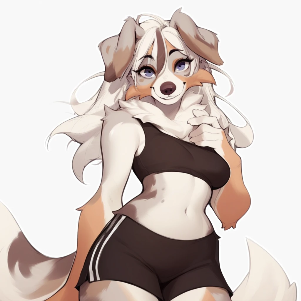 score_9_up, score_8_up, score_7_up, score_6_up, white hair, dog, medium breasts, multicolored fur, multicolored hair, furry female, female, furry, floppy ears, looking at viewer, solo, smile, happy, three-quarter view, head tilt, sports bra, gym shorts, midriff, tail, simple background, white outline,