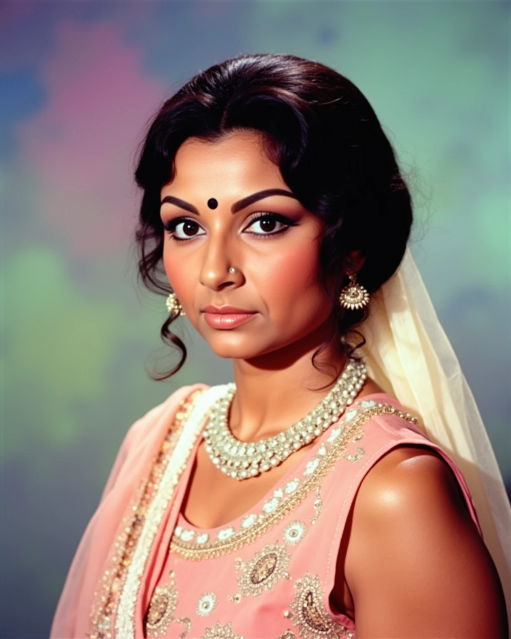 cowboy shot photo of Sharmila Tagore woman,candid photo with natural colors, serious expression on face,studio quality, wearing intricate conservative sleeveless Apricot Churidar Suit, curls, pastel shaded multicolored background, cinematic soft lighting<lora:TestBed\Sharmila_Tagore_2024_Flux_Kohya_LoRA_v1-000004.safetensors:0.8:0.8>