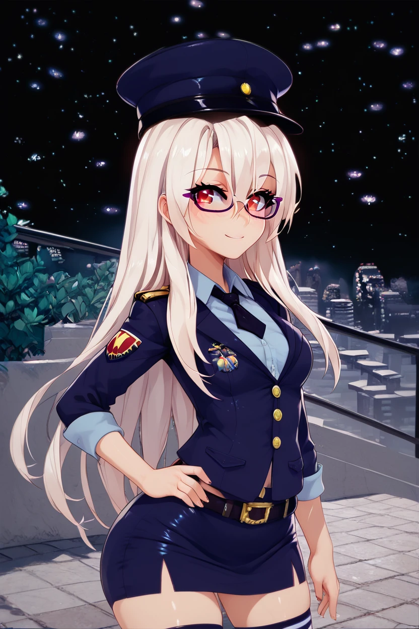 score_9, score_8_up, score_8, large breasts, (curvy), cute, eyelashes,       ,,, , ,,, zzMilitIllyaCitron, hair between eyes, red eyes, long hair, white hair, glasses, semi-rimless eyewear,  military hat, military jacket, pencil skirt, thighhighs, belt,  <lora:MilitIllya_CitronOC_PDXL:1.0>,    ,,,, BREAK, ,,, upper body, smile, looking at viewer, ,,, shiny skin, <lora:ProAnime_PDXL_v1:0.8>, night, soft shadows, moonlight reflecting off skin, whisper of wind, ,,, embedding:zPDXL, Expressiveh, <lora:SDXLFaeTastic2400:0.5>, <lora:Expressive_H-000001:0.4>,