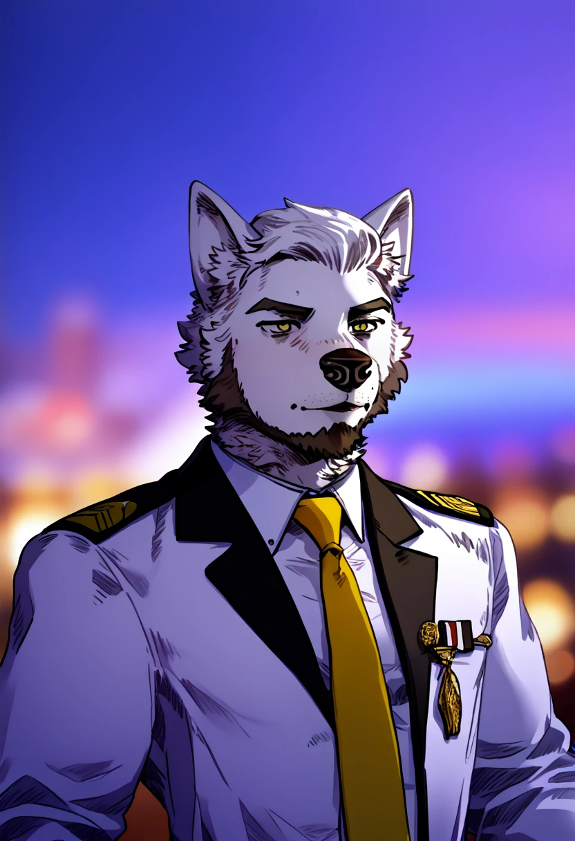 by DWC_Marshal_Arts, 1boy, wolf, white fur, yellow eyes, male focus, yaoi, animal ears, furry, necktie, muscular, muscular male, bara, beard, short hair, military uniform, blurry background, pectorals, mature male, blurry, upper body, <lora:DWC_Marshal_Arts_style:1>