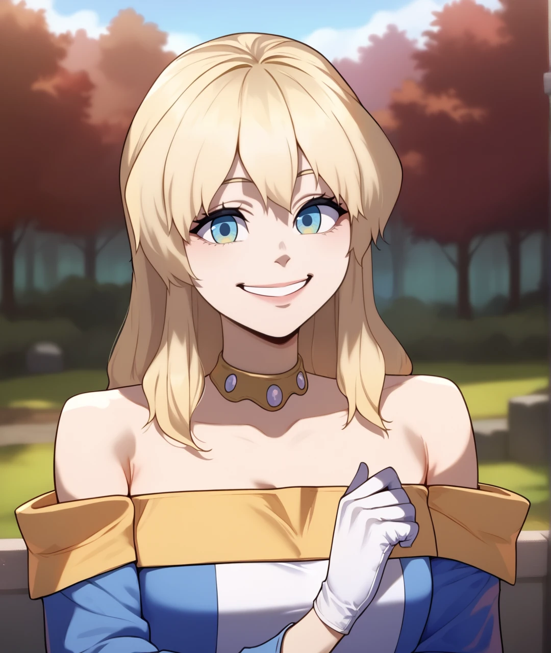 score_9, score_8_up, score_7_up, score_6_up, source_anime,outdoors, forest,
BREAK
chloe, blonde hair, 1girl, dress, gloves, sitting, long hair, smile, blue eyes, bare shoulders, off-shoulder dress, blue dress, white gloves, solo, off shoulder, long sleeves,  collarbone, choker, upper body, looking at viewer, seductive smile, 
 <lora:chloe-pdxl-fandingo:0.8>