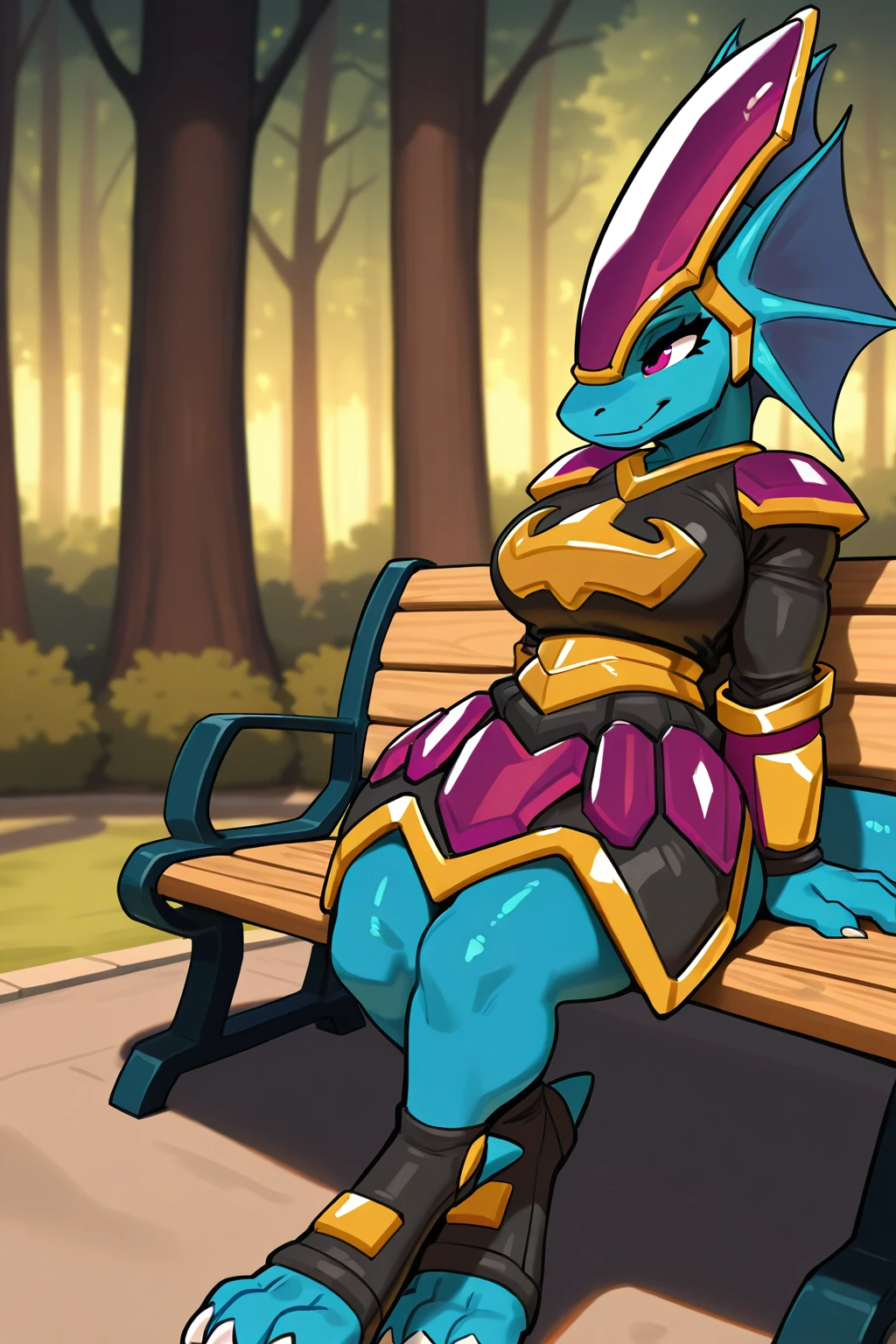 feminine, masterpiece, best quality, newest, absurdres, highres, merga_fp, dragon, aquatic dragon, ear fins, helmet, head fin, armor, armored dress, armored skirt, toeless footwear, toe claws, armored kneepads,
BREAK
outdoor, park, forest, leaning back, big breasts, on bench, sitting, dynamic background, <lora:Merga_IL:1>