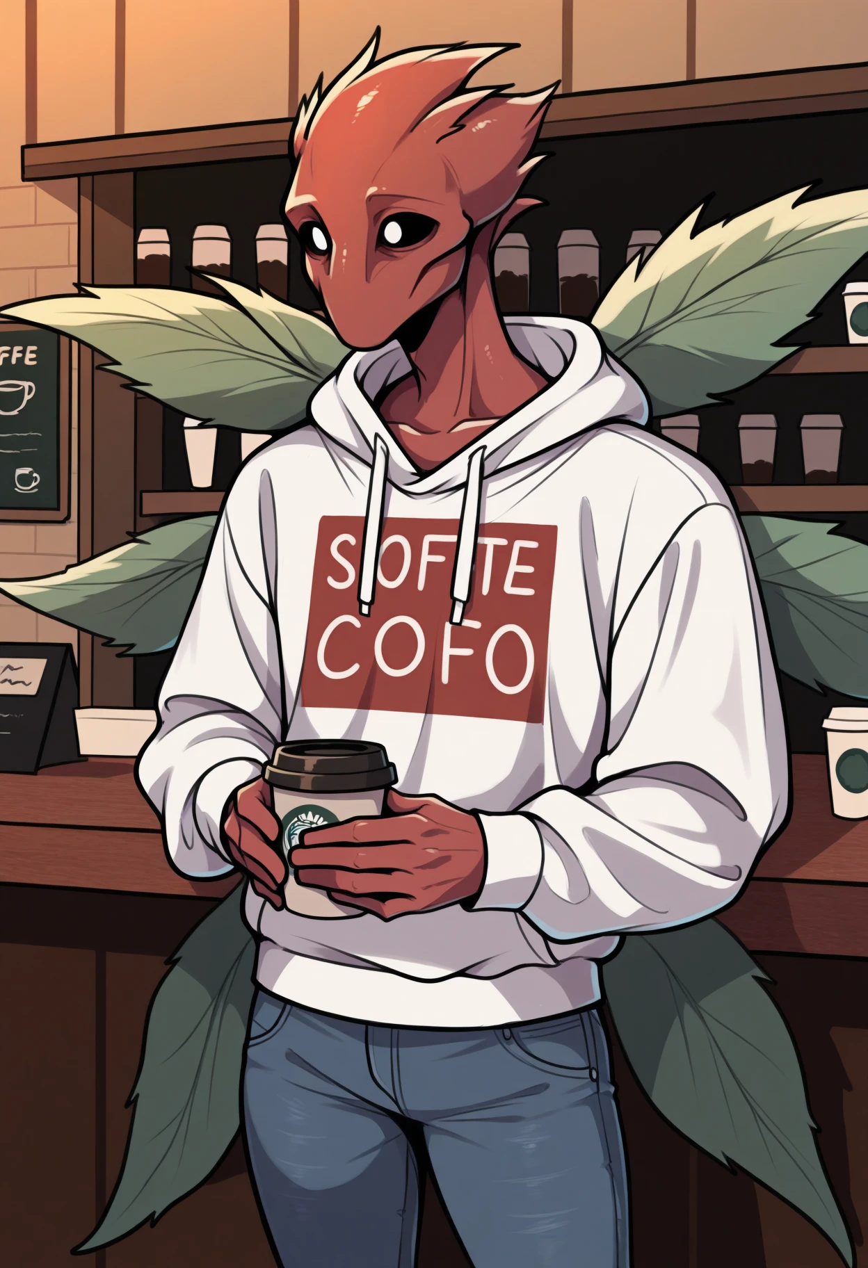 masterpiece, best quality, 1boy, solo, BrackenLethalCompany, white eyes, monster, wings, leaf, indoors, coffee shop, holding coffee, white hoodie, jeans, tired, <lora:ChamBrackenIllustriousXL:1>