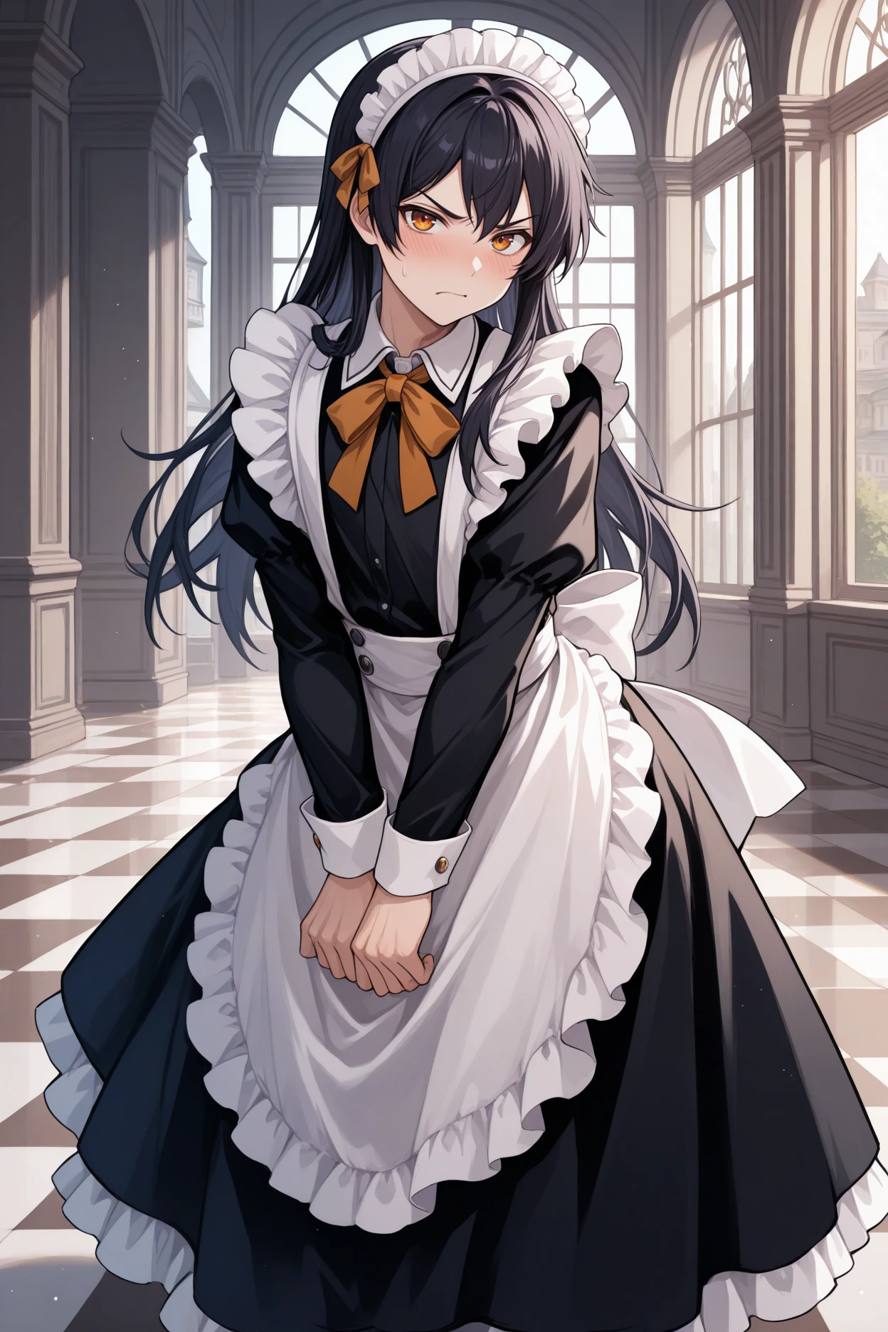 masterpiece, best quality, 1boy, male focus, solo <lora:joshuabright-illu-nvwls-v1-000006:1> maidjoshua, crossdressing, black hair, long hair, amber eyes, maid headdress, neck ribbon, maid dress, apron, frills, mansion, marble floor, looking at viewer, blush, annoyed