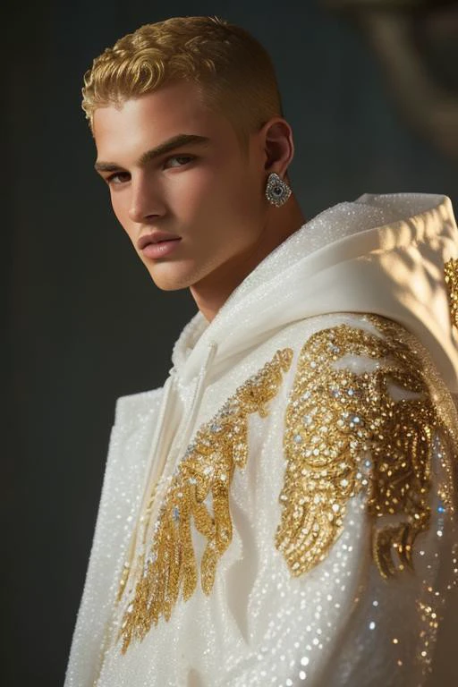 ((facing forward))cape, hoodie, blonde hair, cape hoodie, gold and white outfit with a hood, wearing ornate clothing, fantasy formal clothing, earrings, gold roses in background, high quality , silky jacket,  Intricate gold and silver embroidery, embellishment , shallow depth of field, golden bokeh, cool lighting, brown eyes